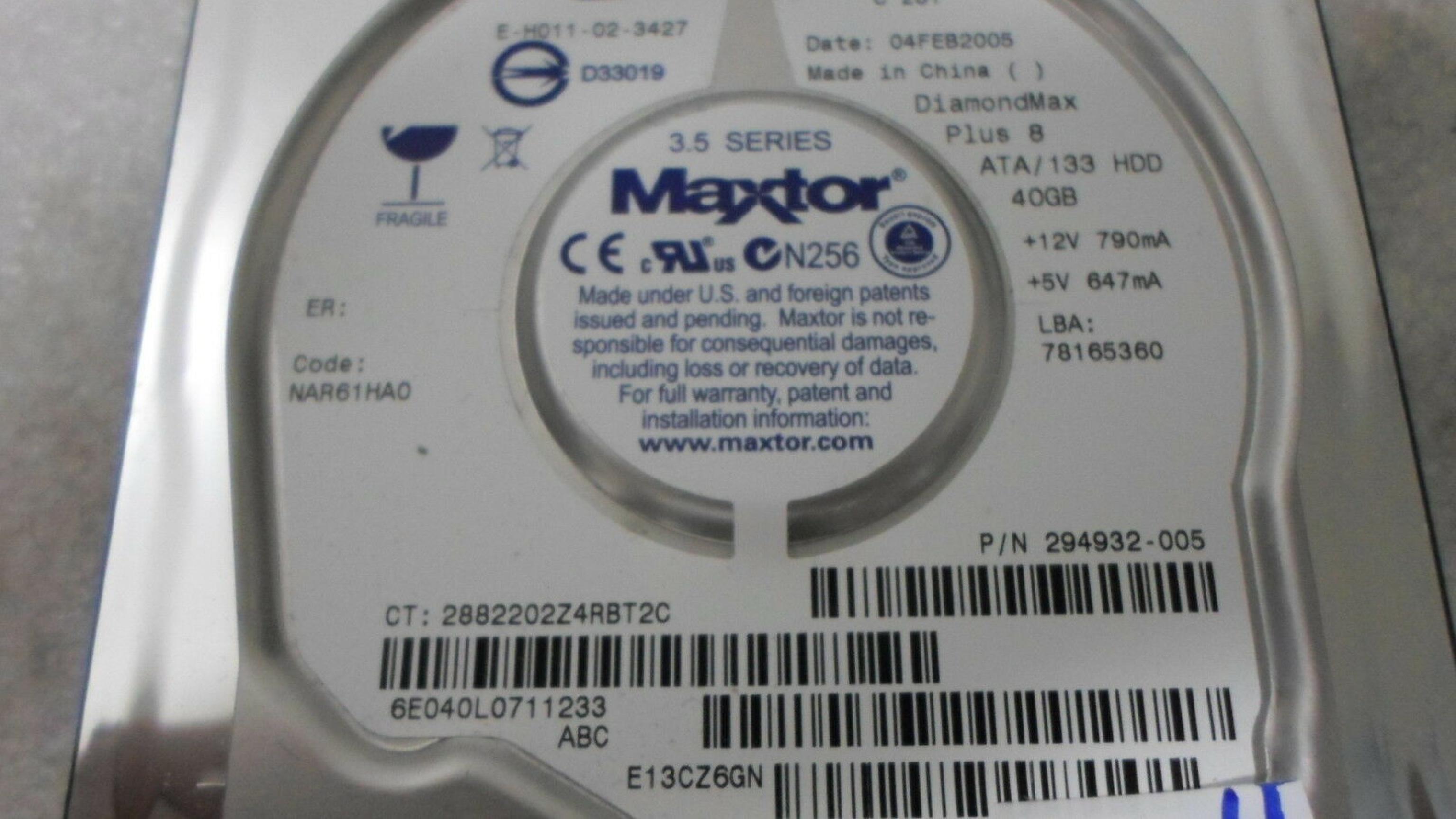 MAXTOR / COMPAQ / HEWLETT PACKARD / HP 294932-005 40GB IDE HD DATE 08OCT2004 NAR61HA0 K, M, B, A DIAMONDMAX PLUS 8 17JUN204 G, 29DEC2004 DRIVE 04FEB2005 K,M,B,A LBA 78165360