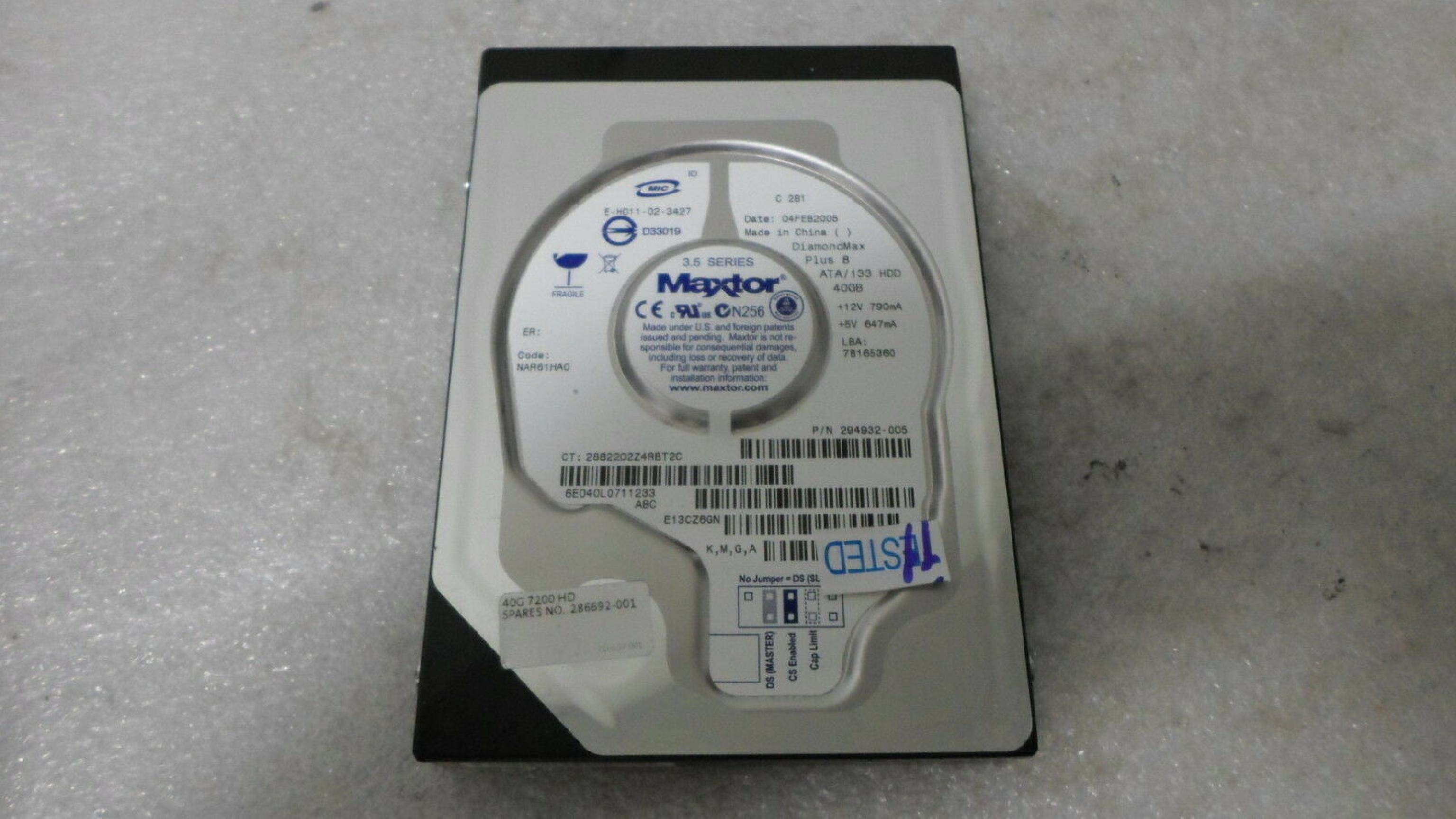 MAXTOR / COMPAQ / HEWLETT PACKARD / HP 294932-005 40GB IDE HD DATE 08OCT2004 NAR61HA0 K, M, B, A DIAMONDMAX PLUS 8 17JUN204 G, 29DEC2004 DRIVE 04FEB2005 K,M,B,A LBA 78165360