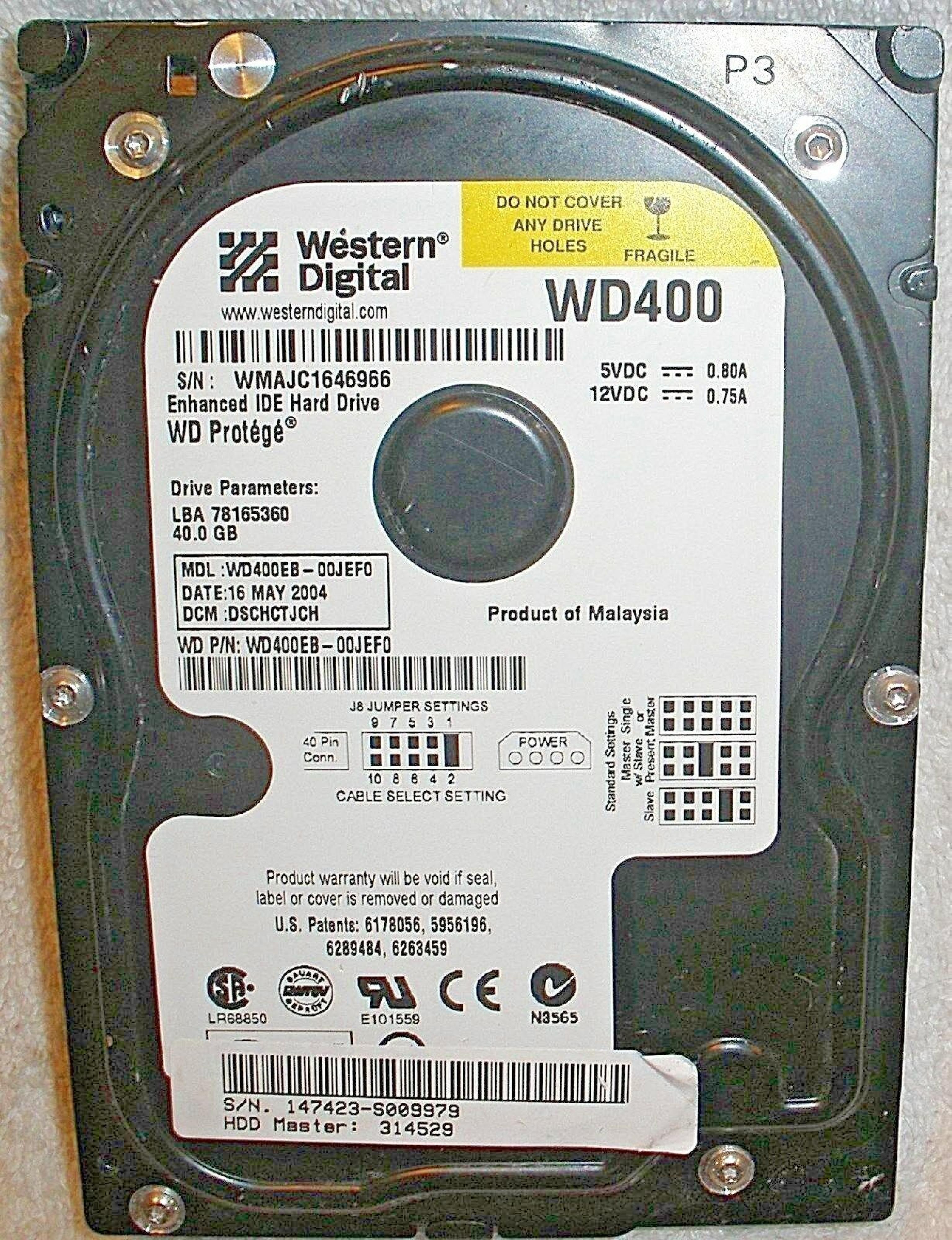 WESTERN DIGITAL / WD WD400EB-00JEF0 40GB IDE HD DATE 04 JUN 2004 DCM DSBHCTJCH PROTEGE