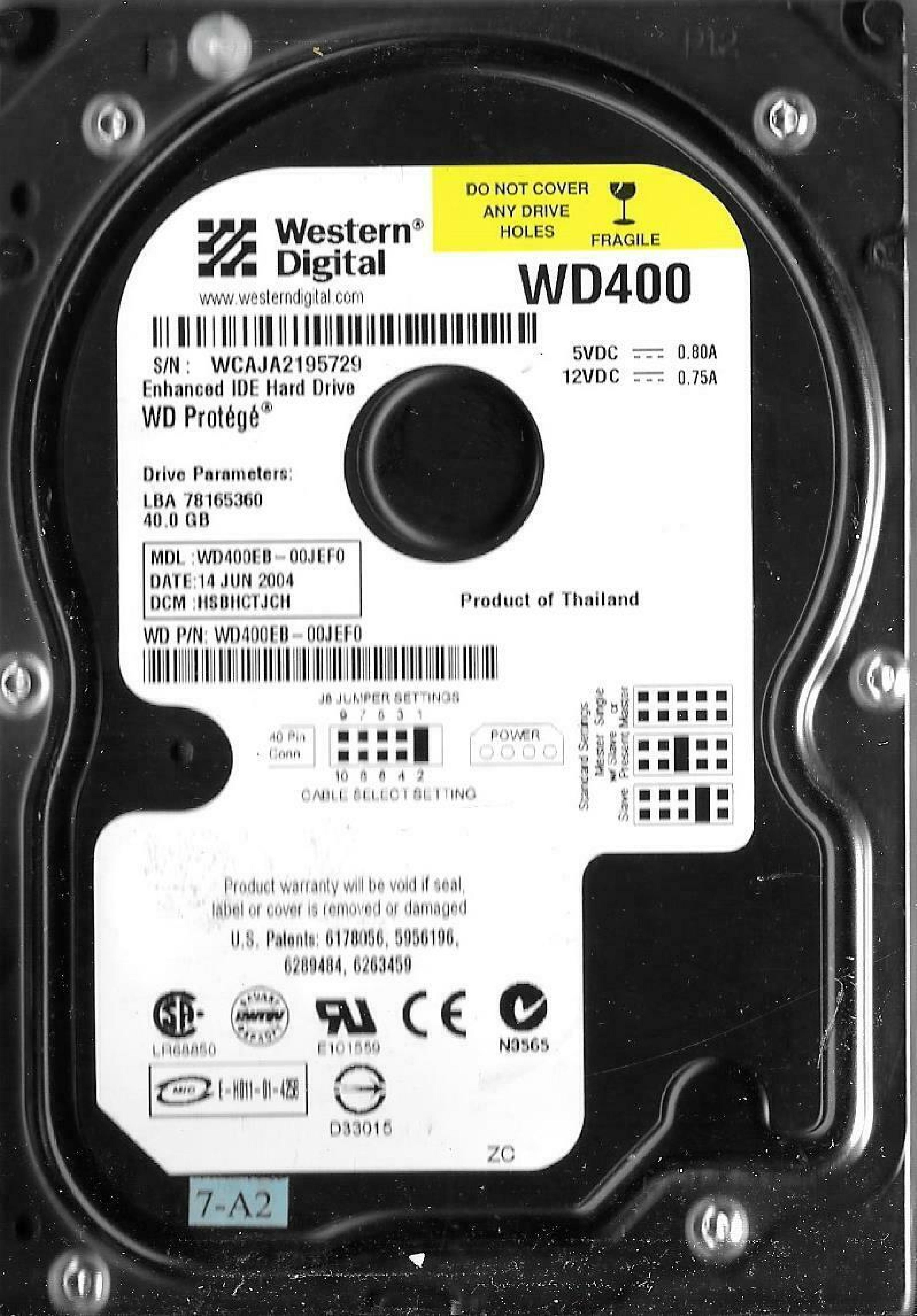 WESTERN DIGITAL / WD WD400EB-00JEF0 40GB IDE HD DATE 04 JUN 2004 DCM DSBHCTJCH PROTEGE