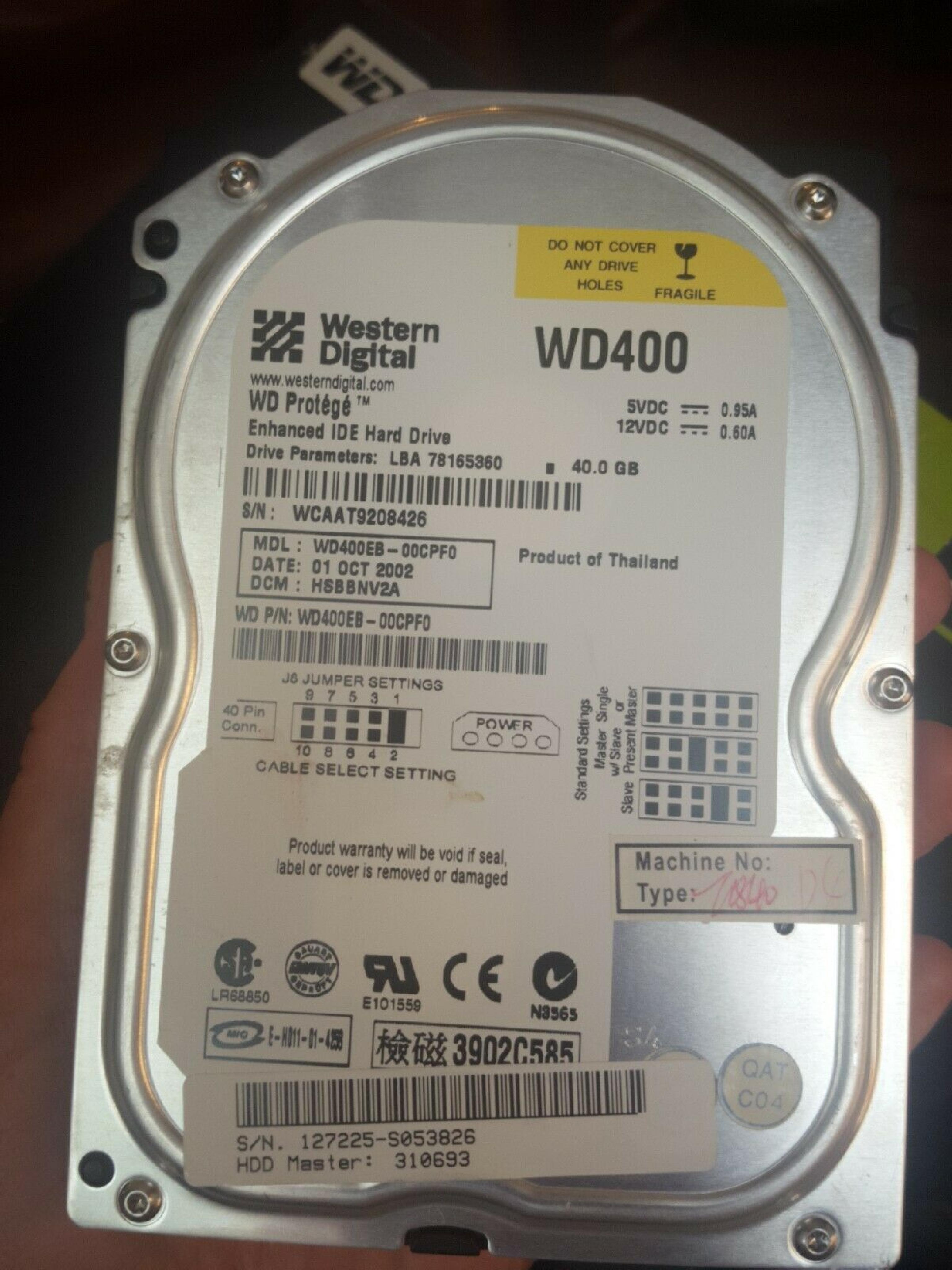 WESTERN DIGITAL / WD WD400EB-00CPF0 40GB IDE HD DATE 13 AUG 2003 DCM HSBANV2A PROTEGE