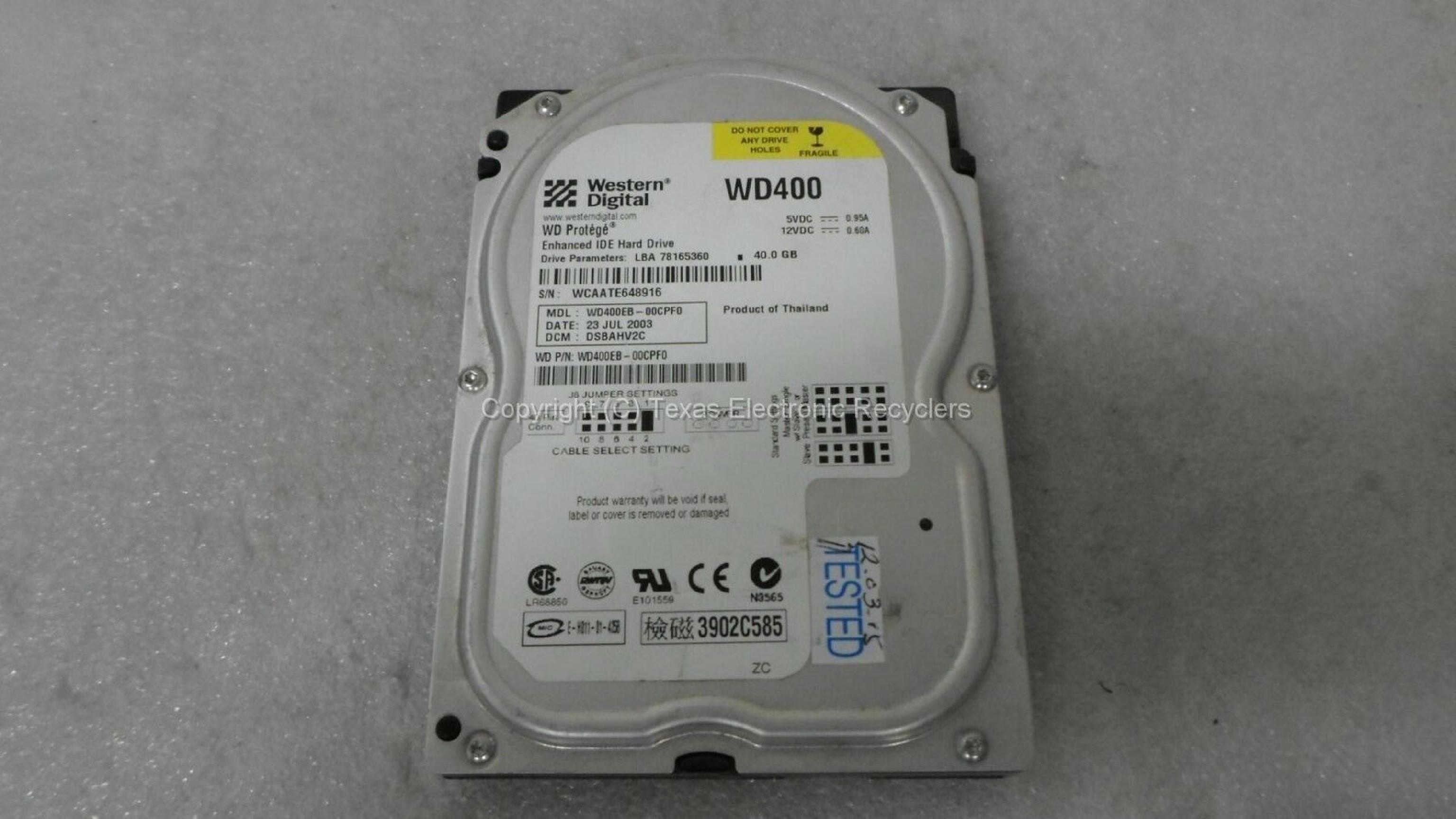 WESTERN DIGITAL / WD WD400EB-00CPF0 40GB IDE HD DATE 13 AUG 2003 DCM HSBANV2A PROTEGE