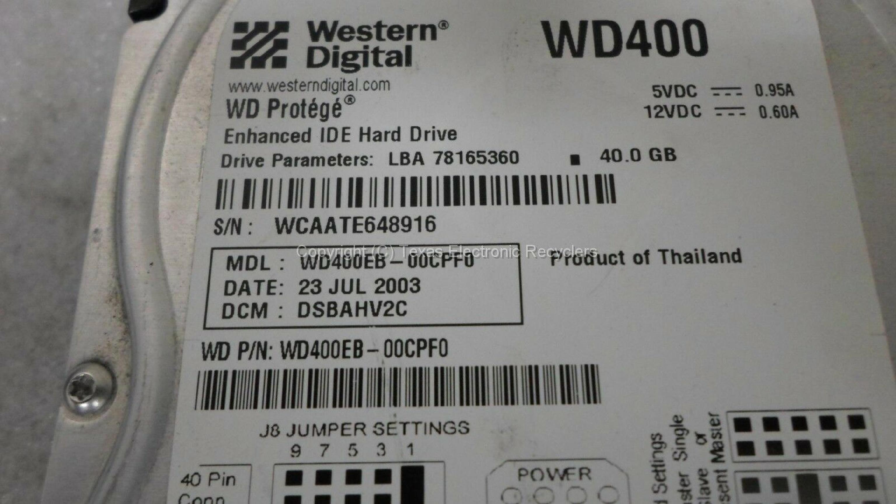 WESTERN DIGITAL / WD WD400EB-00CPF0 40GB IDE HD DATE 13 AUG 2003 DCM HSBANV2A PROTEGE