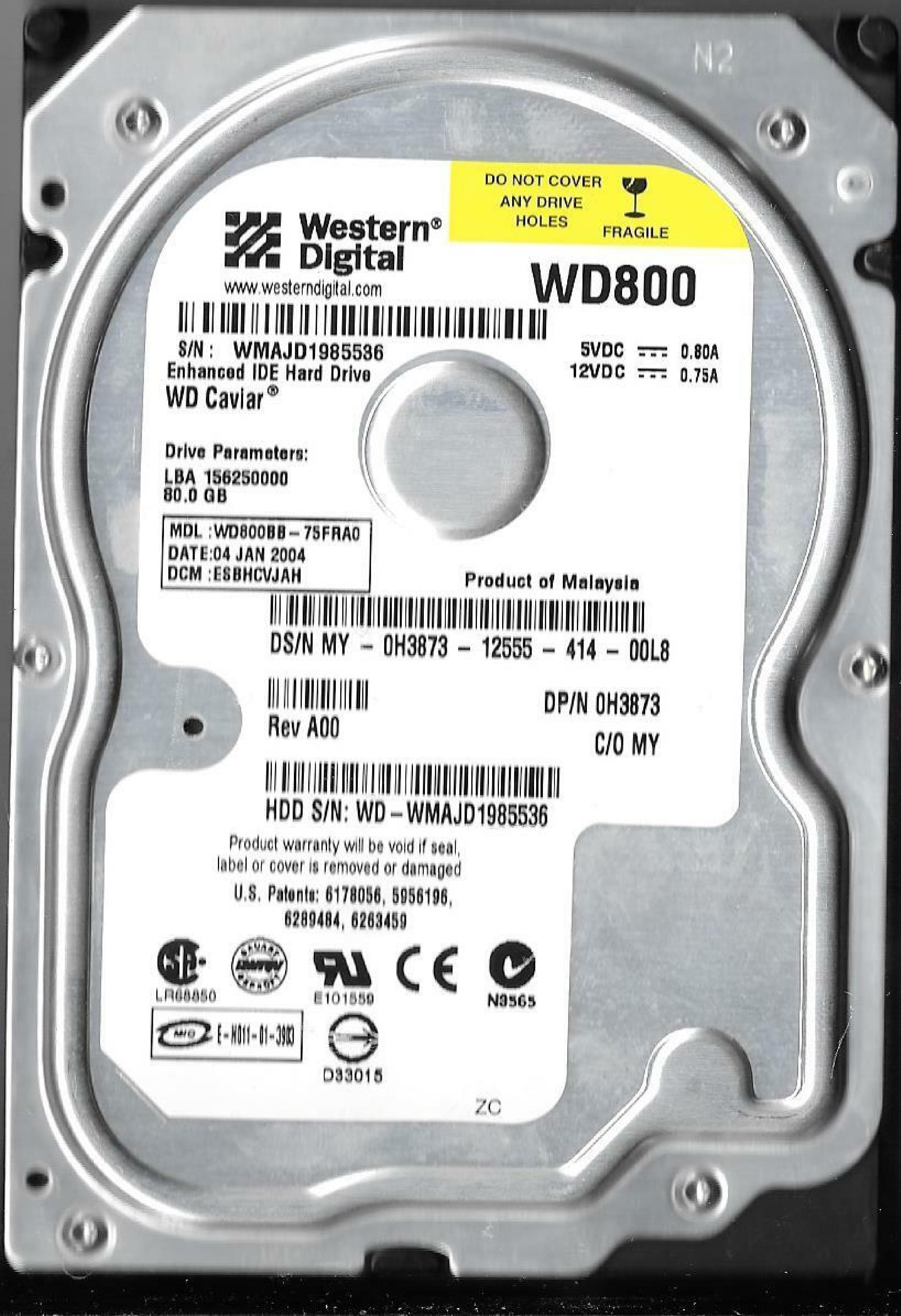 WESTERN DIGITAL / WD WD800BB-75FRA0 80GB IDE HD DATE 31 DEC 2008 DCM HSCHCVJAH CAVIAR 09 MAR 2004 DSBHCTJCH