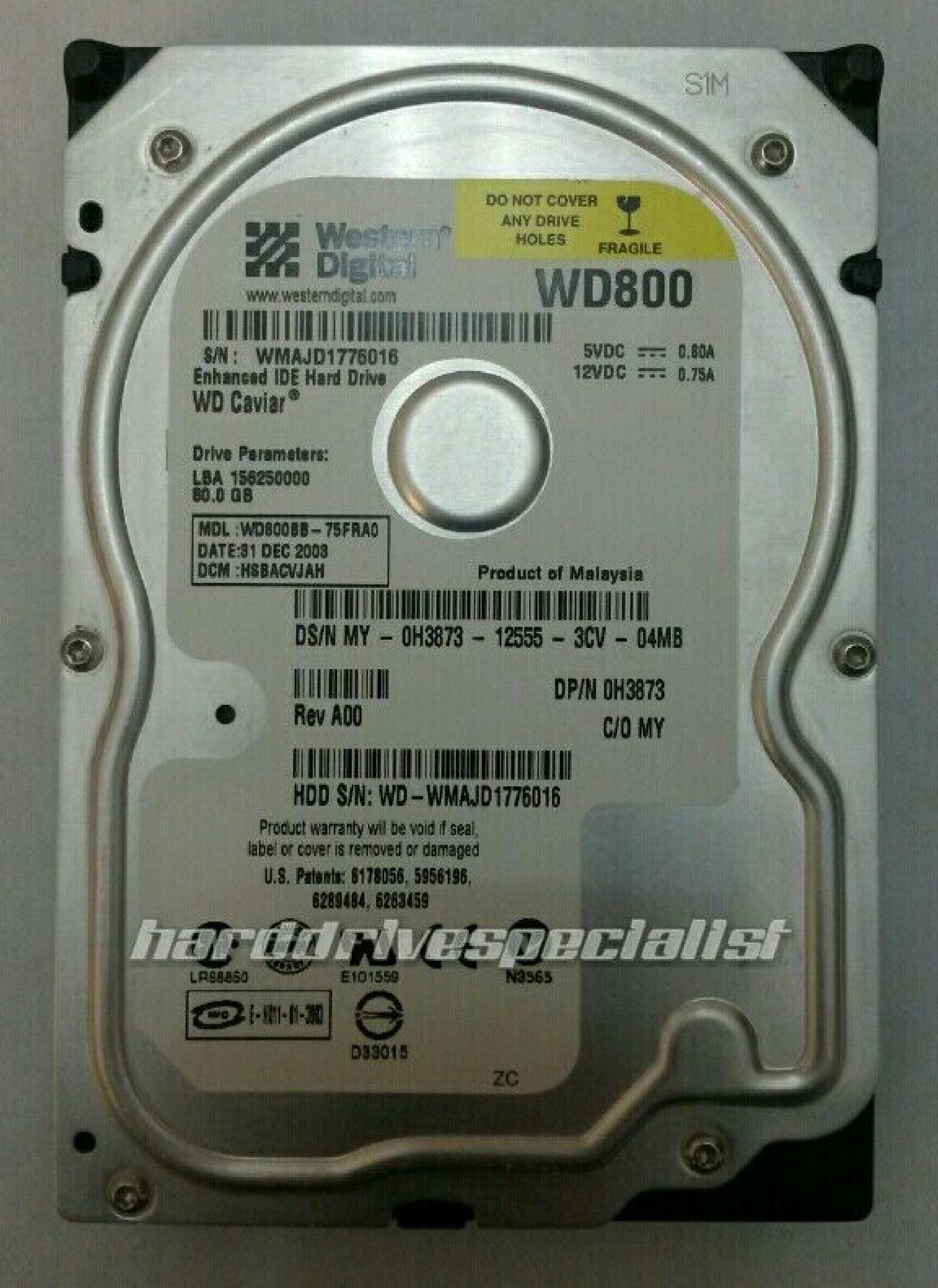 WESTERN DIGITAL / WD WD800BB-75FRA0 80GB IDE HD DATE 31 DEC 2008 DCM HSCHCVJAH CAVIAR 09 MAR 2004 DSBHCTJCH