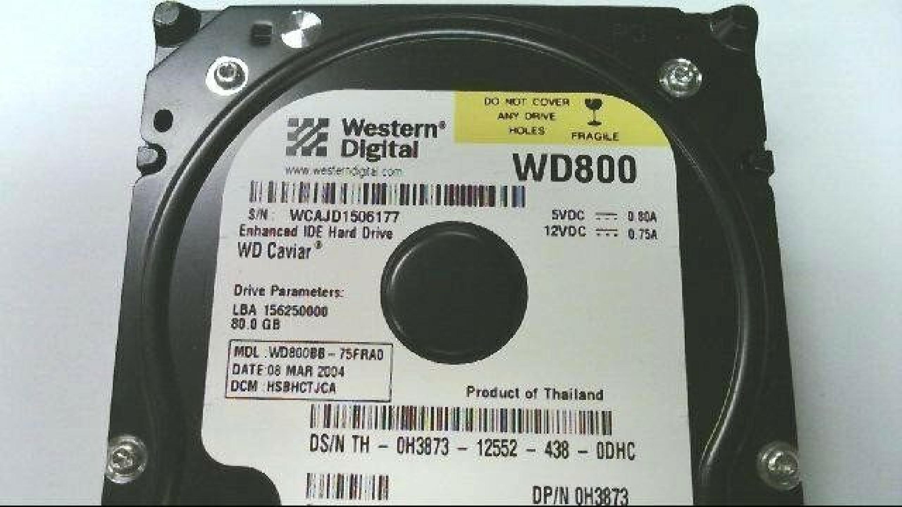 WESTERN DIGITAL / WD WD800BB-75FRA0 80GB IDE HD DATE 31 DEC 2008 DCM HSCHCVJAH CAVIAR 09 MAR 2004 DSBHCTJCH