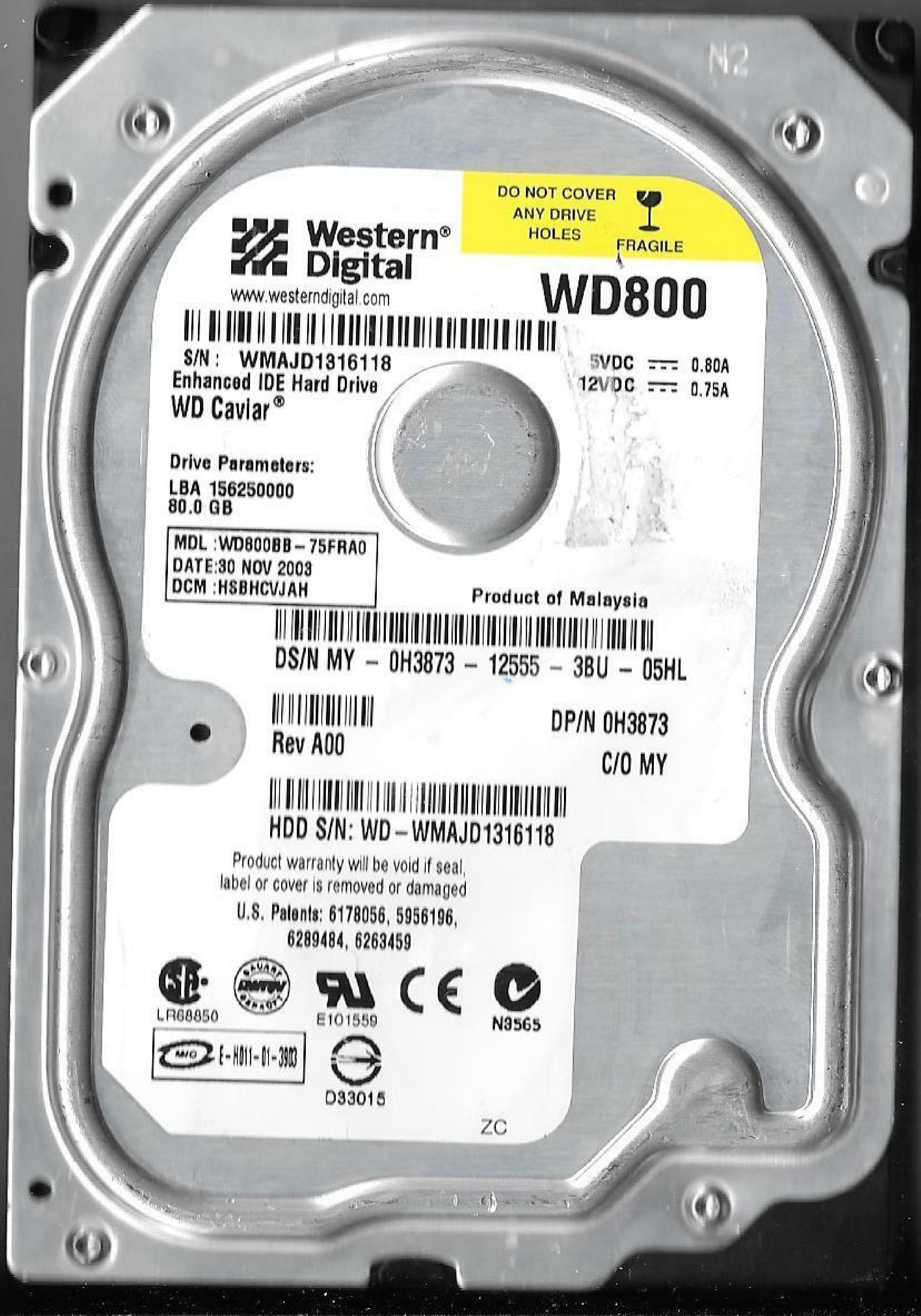 WESTERN DIGITAL / WD WD800BB-75FRA0 80GB IDE HD DATE 31 DEC 2008 DCM HSCHCVJAH CAVIAR 09 MAR 2004 DSBHCTJCH