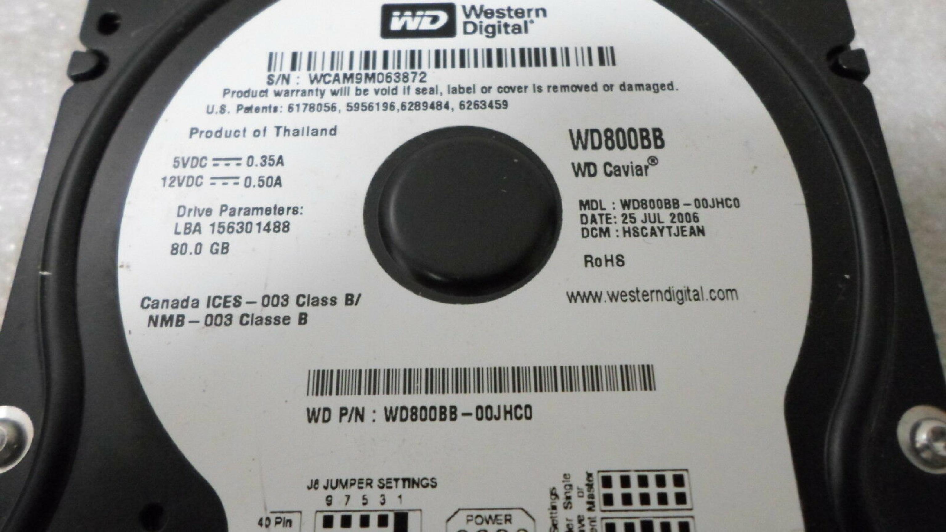 WESTERN DIGITAL / WD WD800BB-00JHC0 80GB IDE HD DATE 23 AUG 2006 DCM DSBANTJAHN CAVIAR