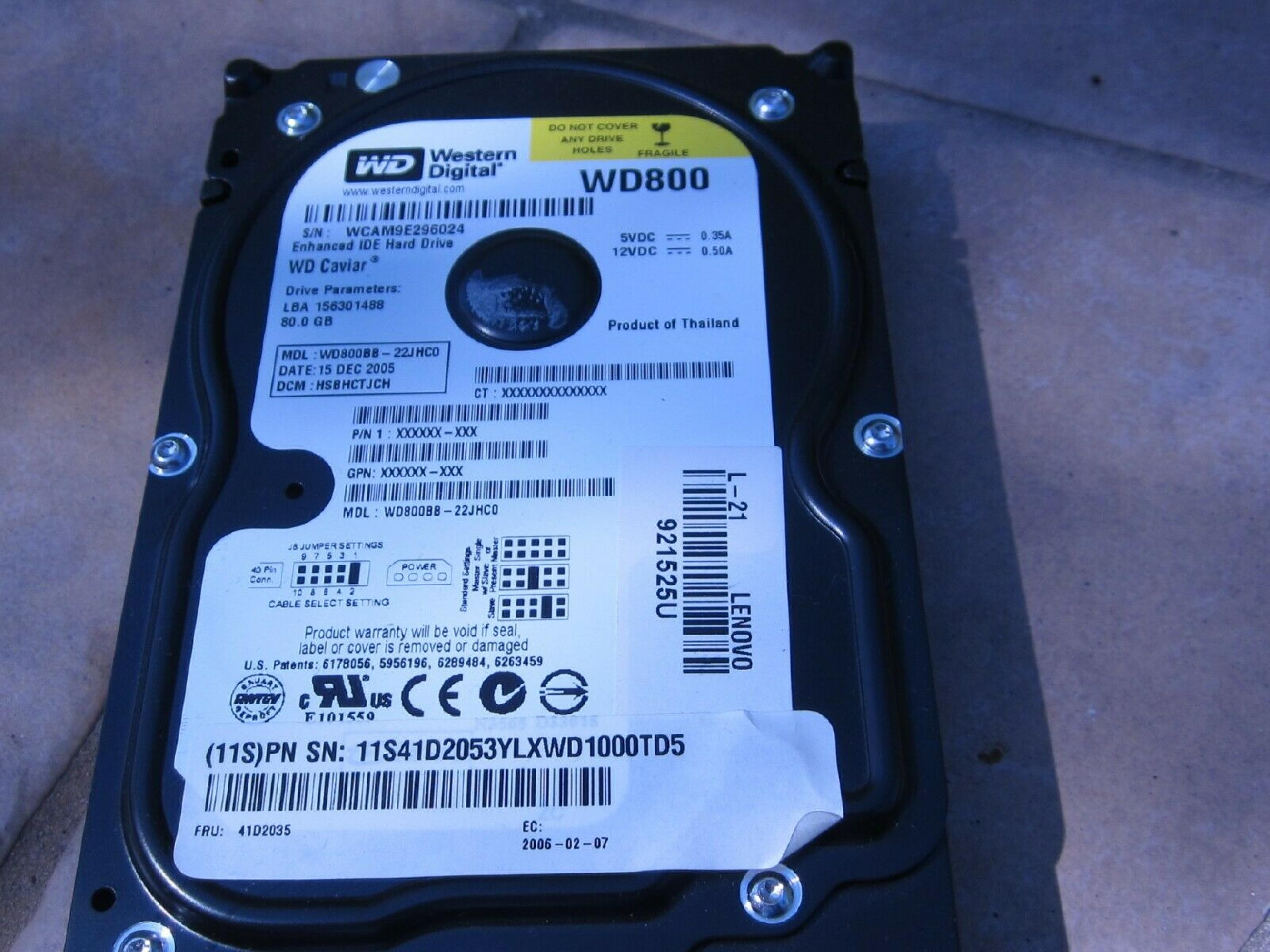 WESTERN DIGITAL / WD WD800BB-22JHC0 80GB IDE HD DATE 20 DEC 2007 DCM HSBHNTJEAN CAVIAR