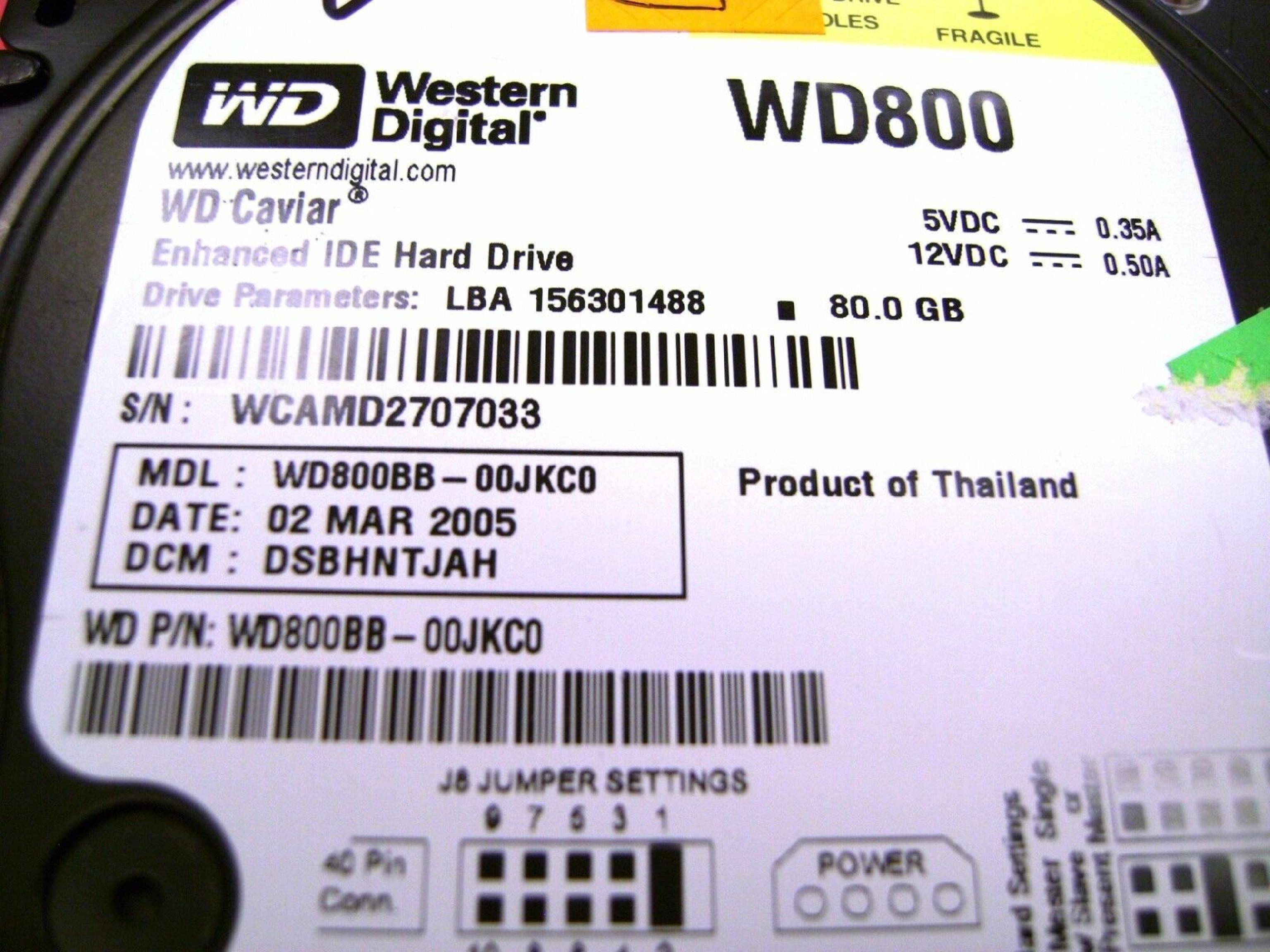 WESTERN DIGITAL / WD WD800BB-00JKC0 80GB IDE HD DATE 28 JAN 2008 DCM HSBHNTJCH CAVIAR