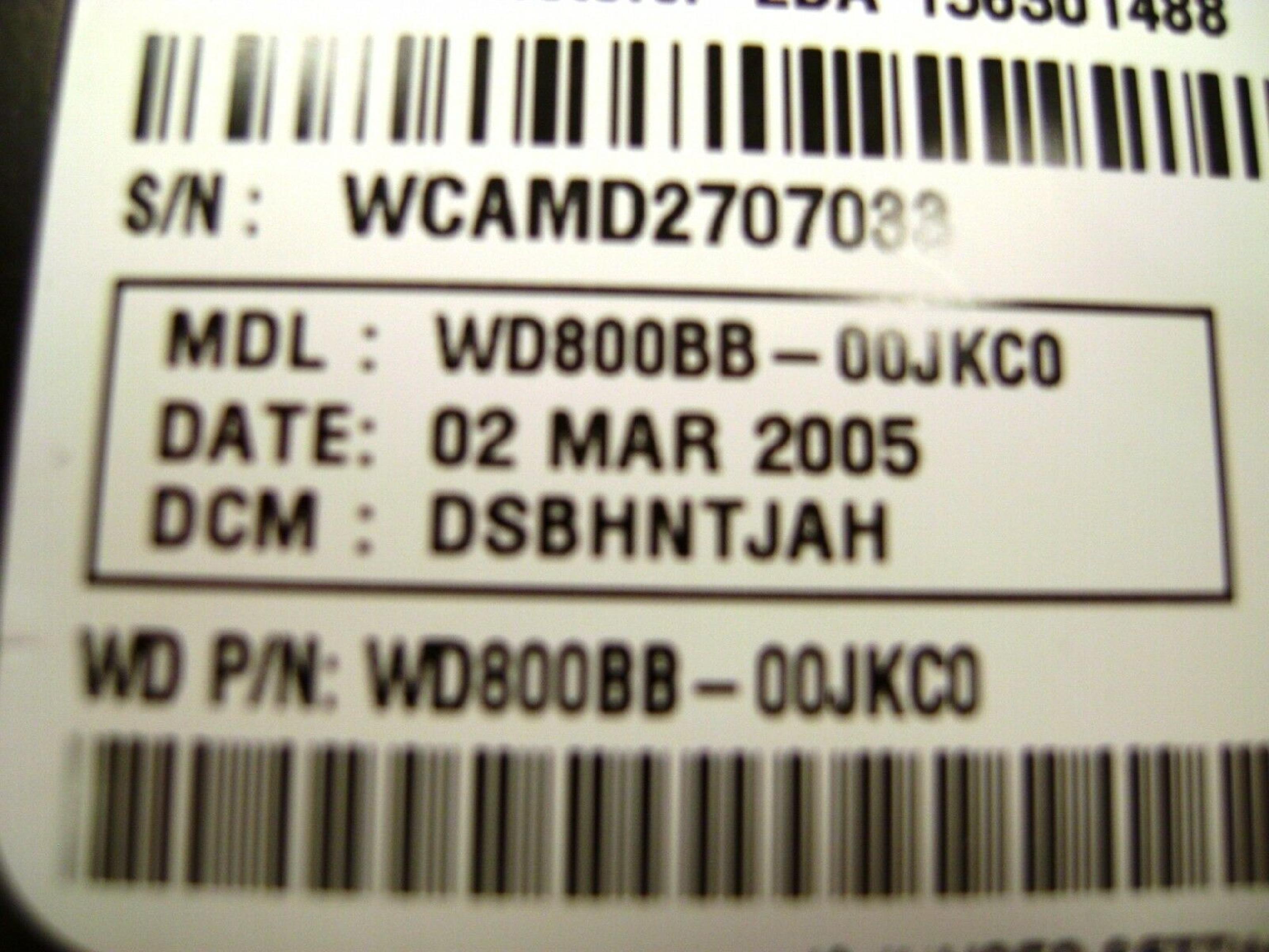 WESTERN DIGITAL / WD WD800BB-00JKC0 80GB IDE HD DATE 28 JAN 2008 DCM HSBHNTJCH CAVIAR