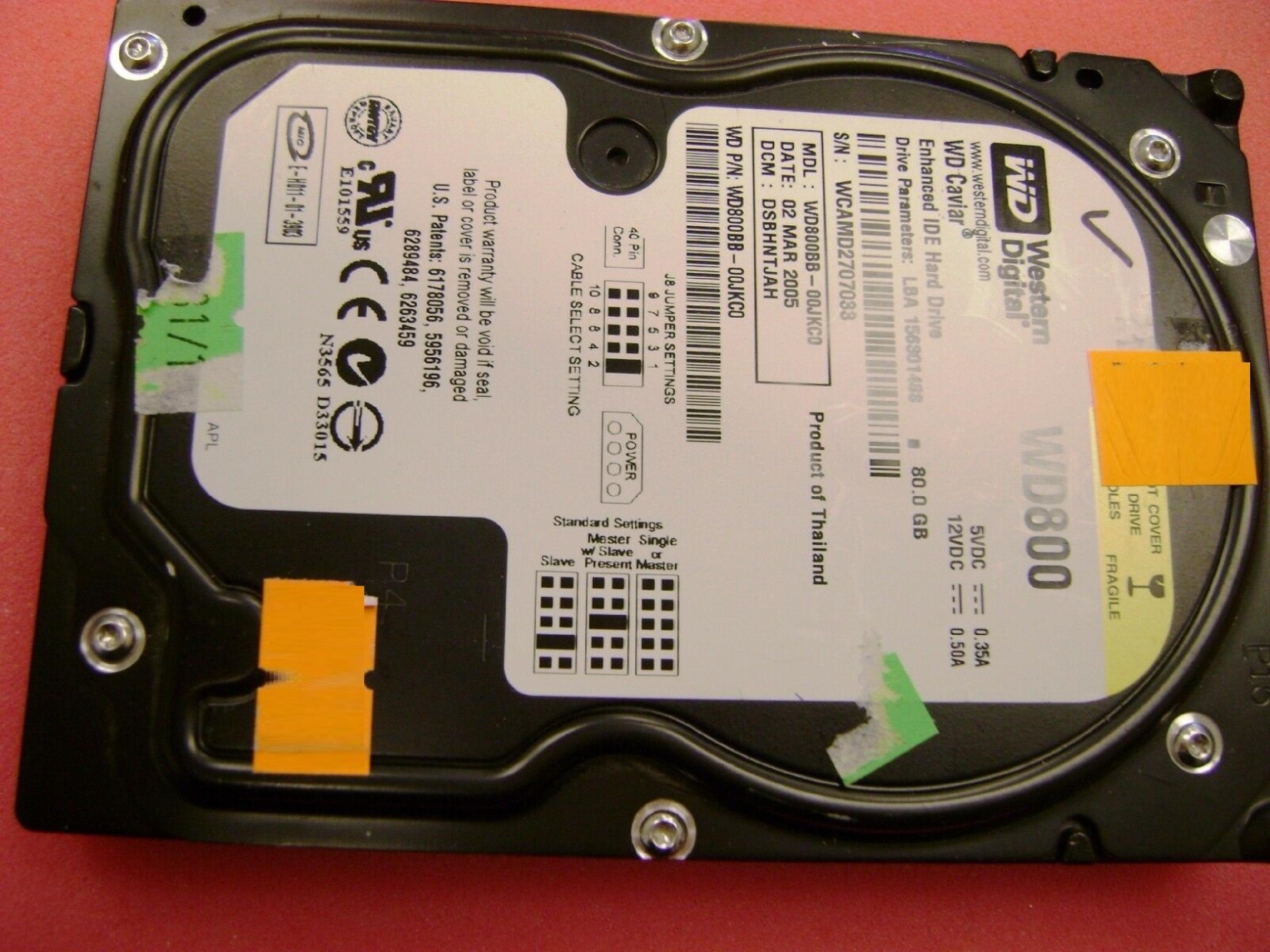 WESTERN DIGITAL / WD WD800BB-00JKC0 80GB IDE HD DATE 28 JAN 2008 DCM HSBHNTJCH CAVIAR