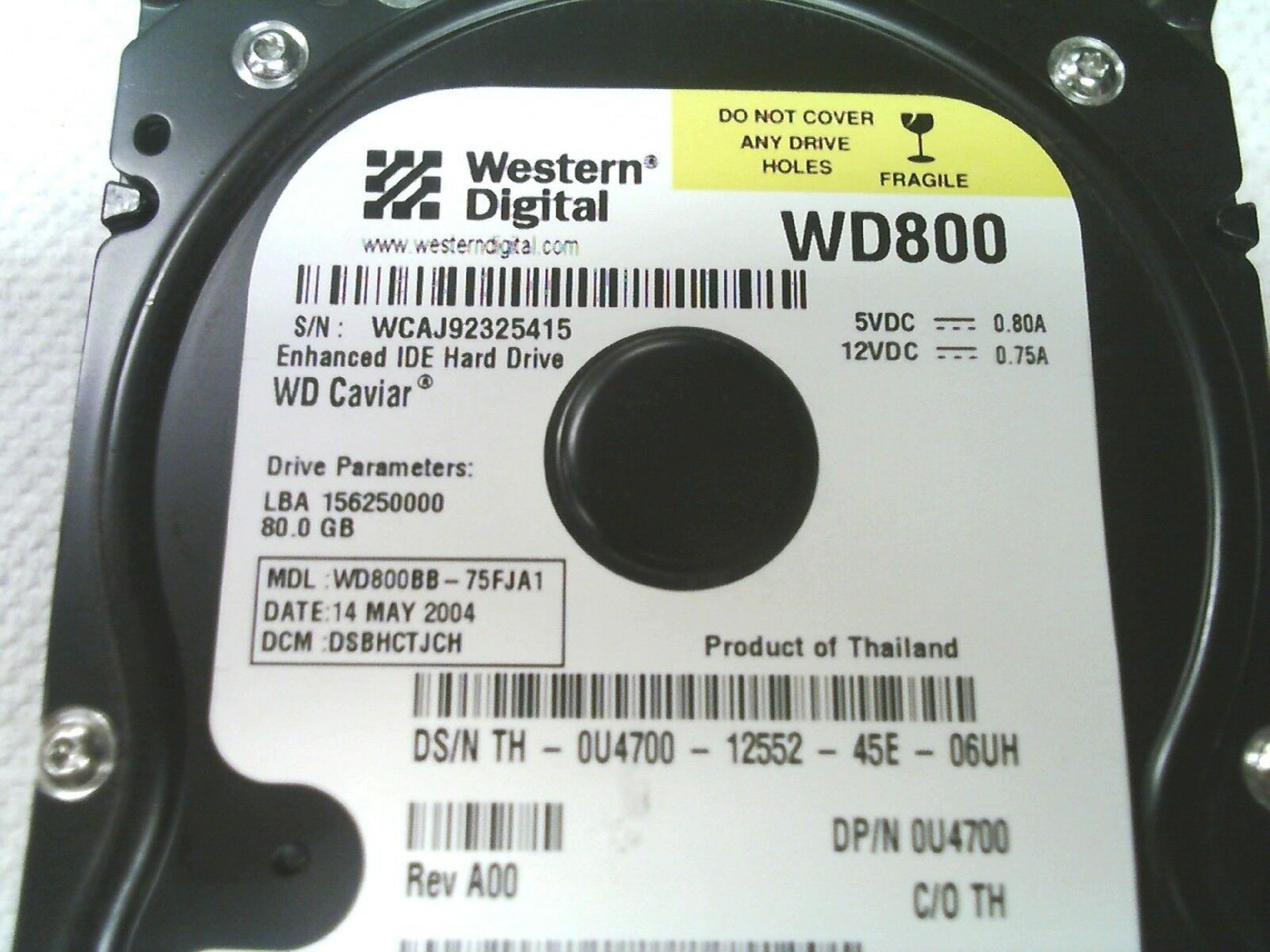 WESTERN DIGITAL / WD WD800BB-75FJA1 80GB IDE HD DATE 26 SEP 2004 DCM HSBHCTJCH CAVIAR