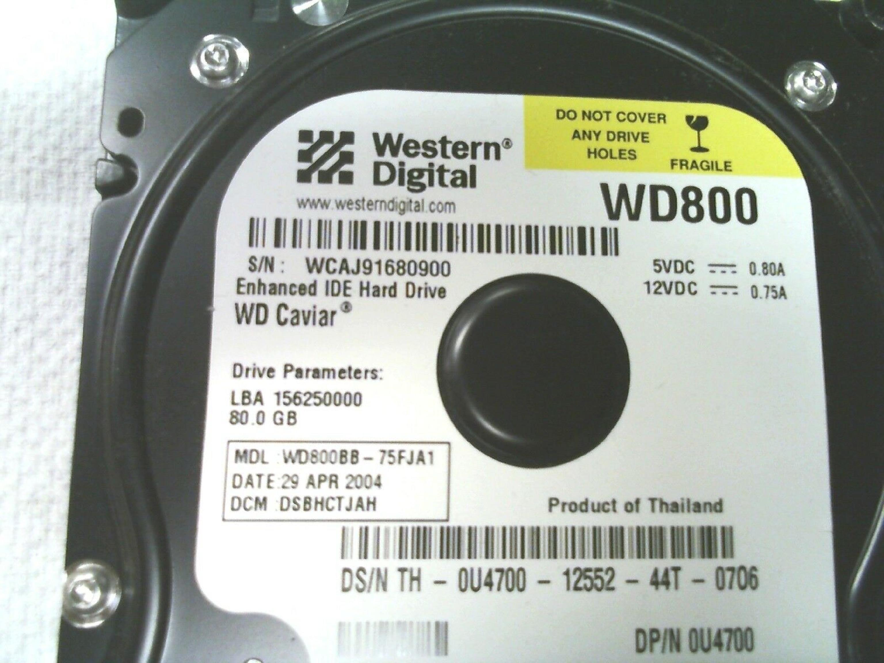 WESTERN DIGITAL / WD WD800BB-75FJA1 80GB IDE HD DATE 26 SEP 2004 DCM HSBHCTJCH CAVIAR