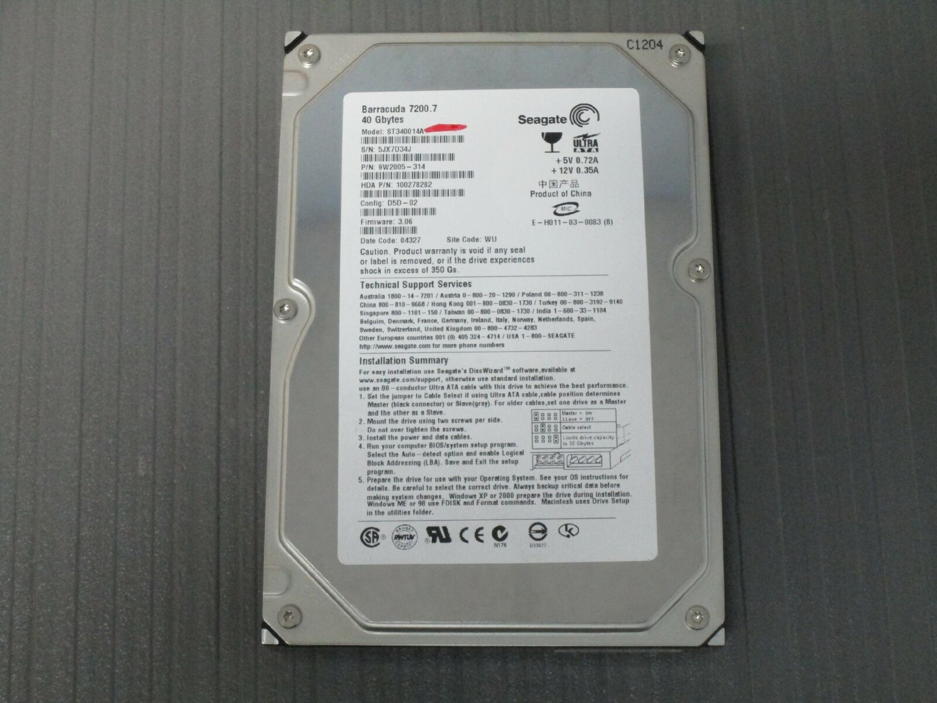 SEAGATE 7200.7 40GB SATA HD CONFIG C3X-06 FIRMWARE 8.12 DATE 05397 SITE WU REV A00 BARRACUDA