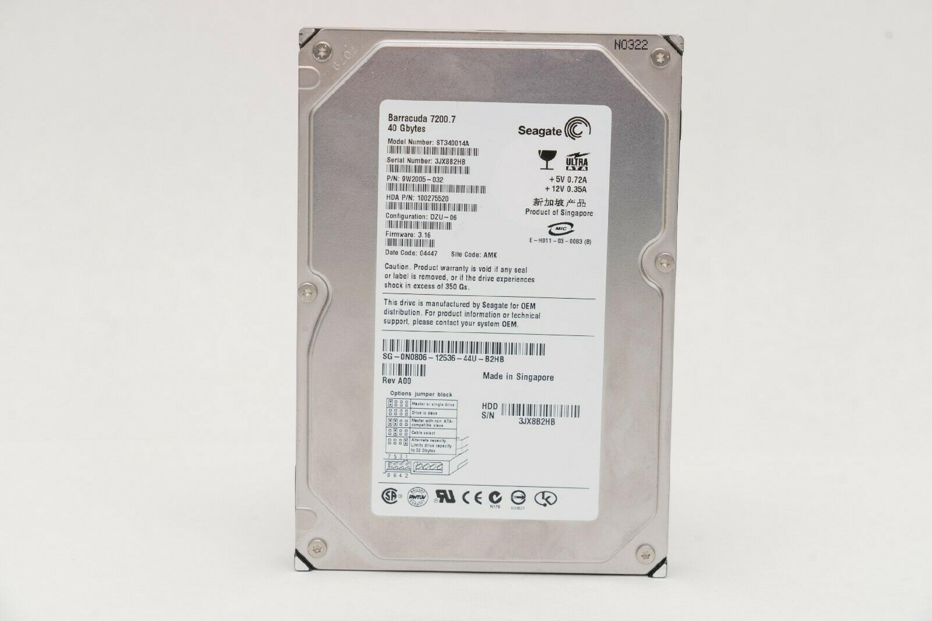 SEAGATE 7200.7 40GB SATA HD CONFIG C3X-06 FIRMWARE 8.12 DATE 05397 SITE WU REV A00 BARRACUDA