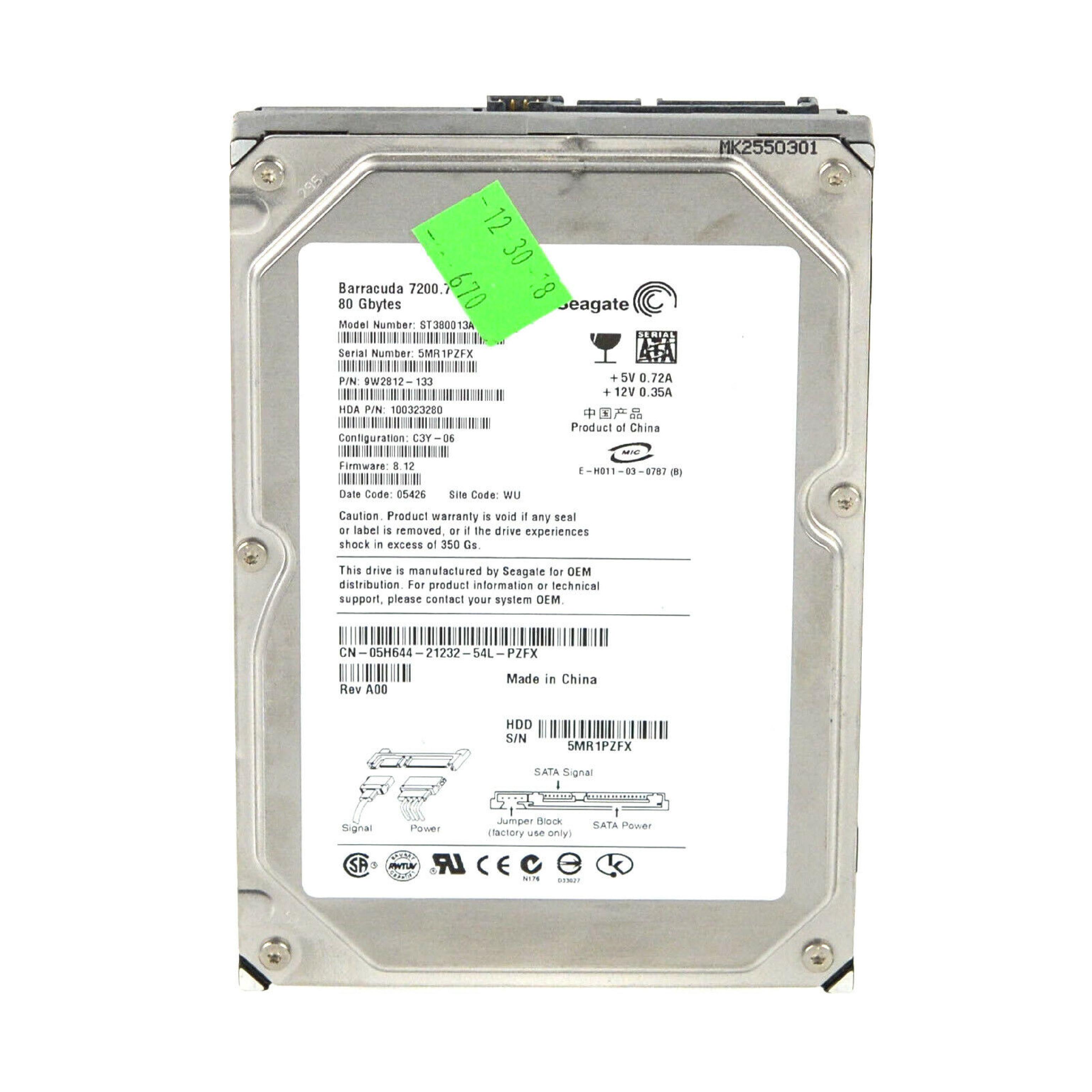 SEAGATE 7200.7 40GB SATA HD CONFIG C3X-06 FIRMWARE 8.12 DATE 05397 SITE WU REV A00 BARRACUDA