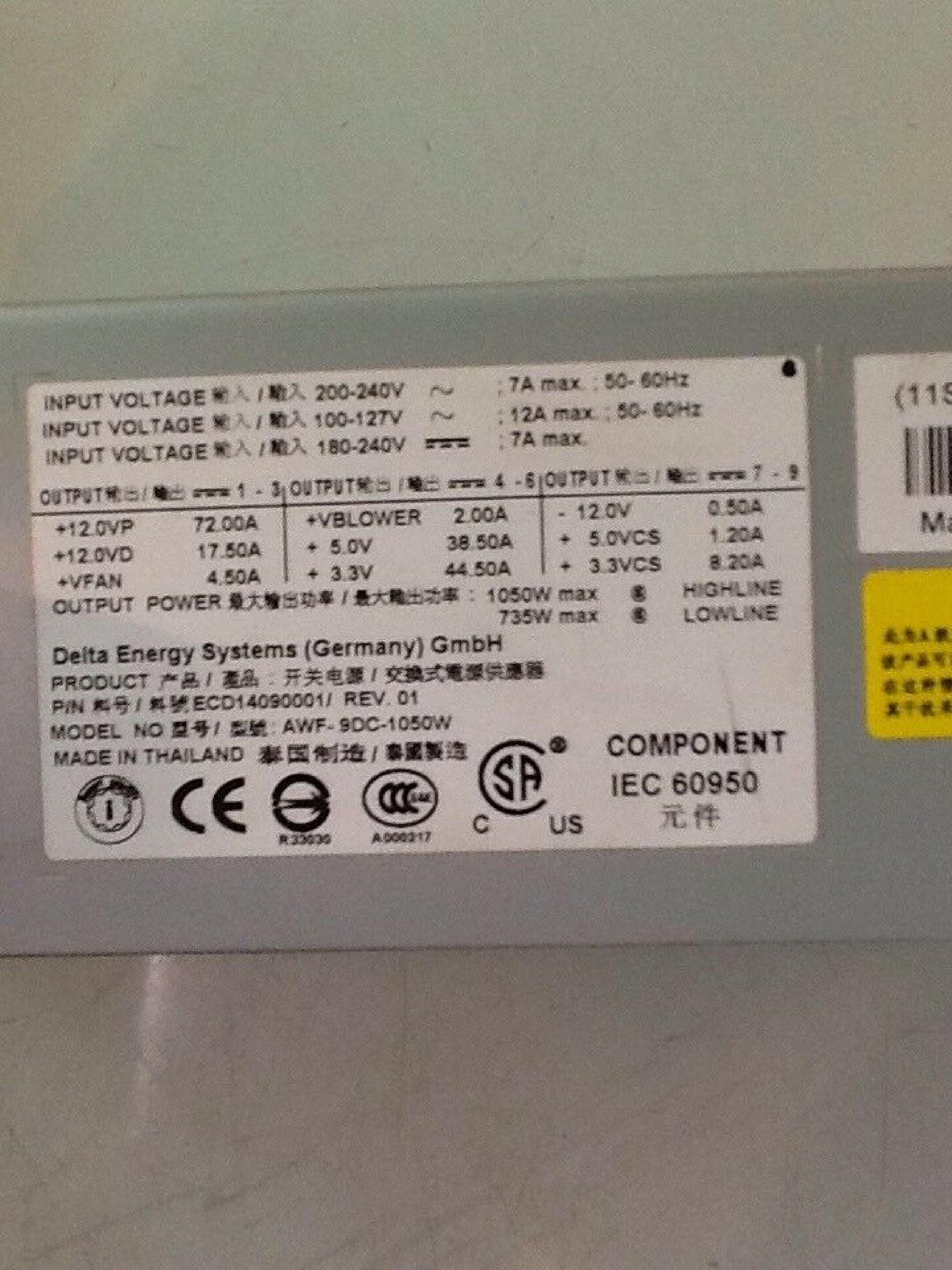 DELTA ELECTRONICS INC AWF-9DC-1050W 1475W HOT SWAP AC POWER SUPPLY