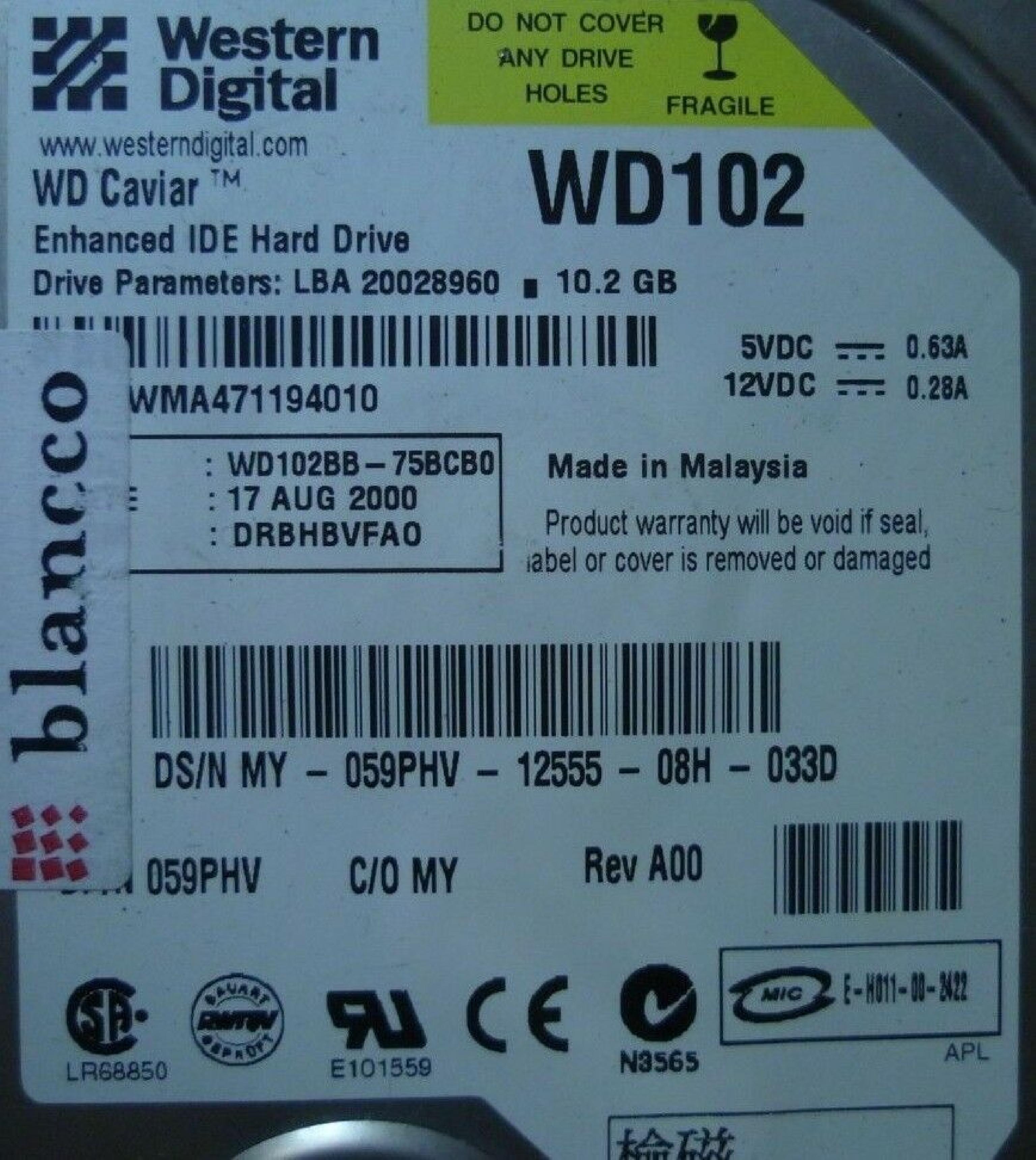 WESTERN DIGITAL / WD 059PHV 10.2GB 3.5INCH IDE HARD DRIVE