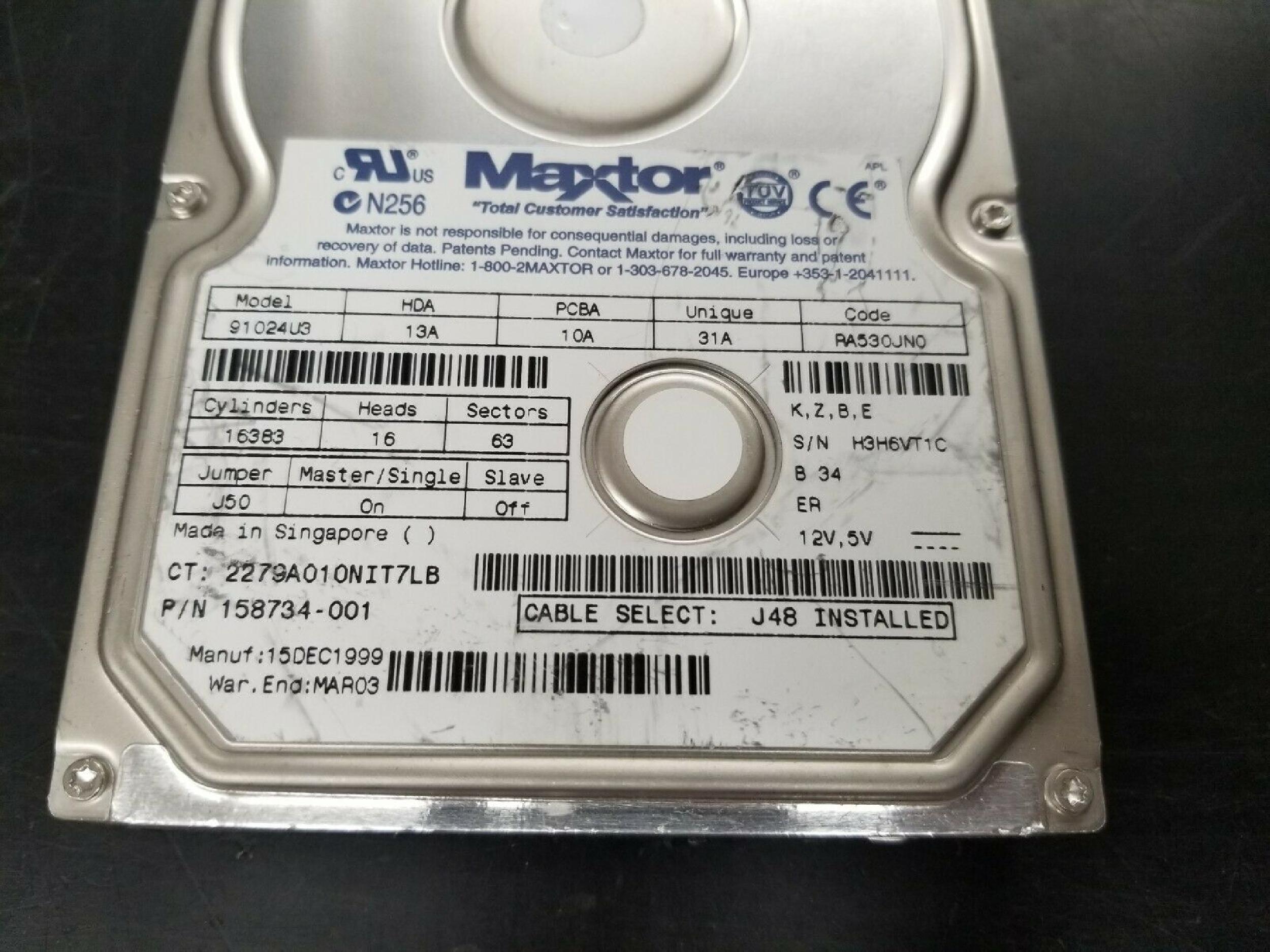 MAXTOR 91024U3 10.2GB 3.5INCH IDE HARD DRIVE