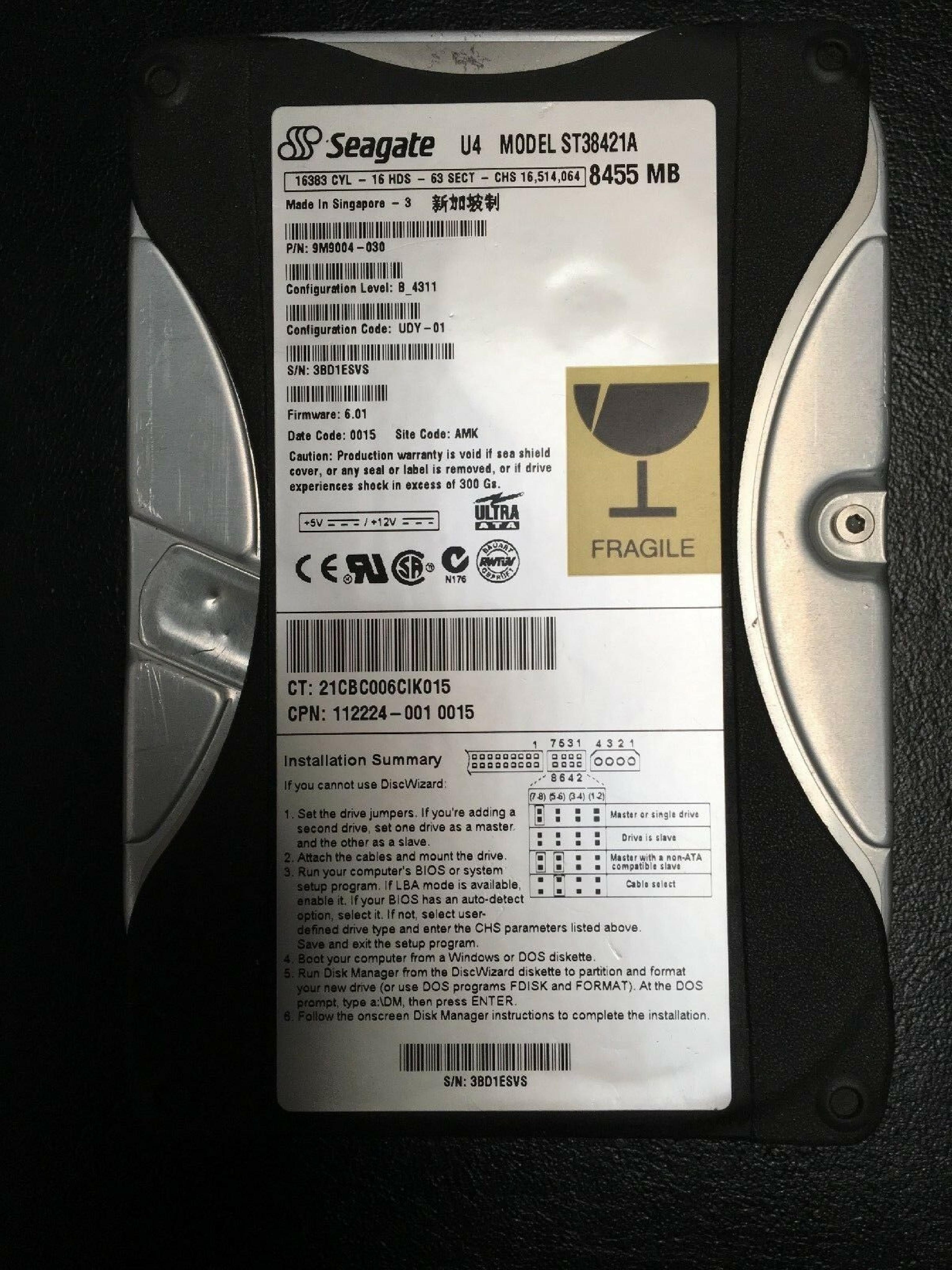 SEAGATE 9M9004-030 8455MB 3.5 INCH HARD DRIVE B_4331 CODE:UDY-01 FW:6.01 DATE:0011 SITE:AMK