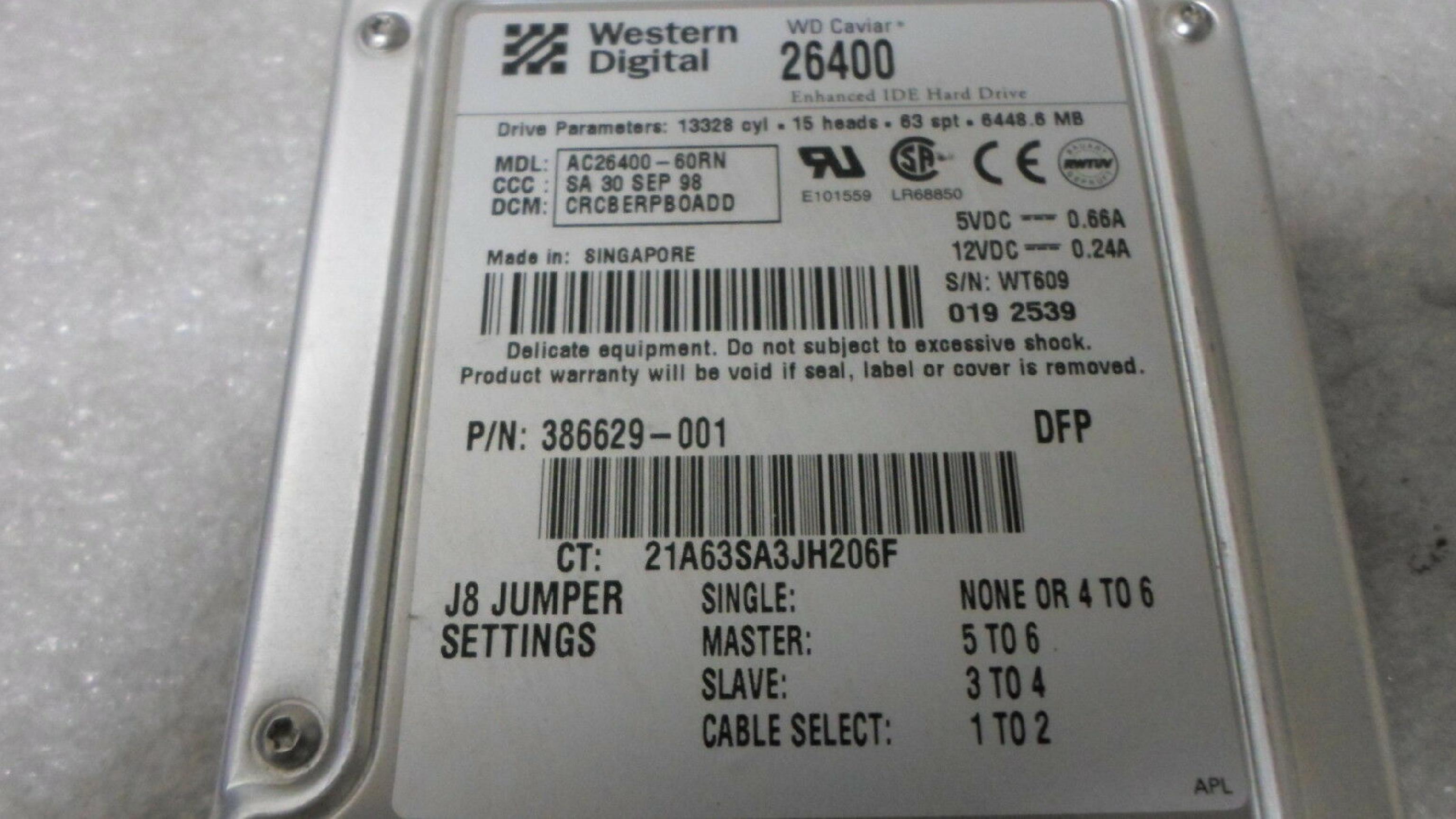 WESTERN DIGITAL / WD AC26400-60RN 3.5 INCH HARD DRIVE CCC:SA 16 OCT 98 DCM:CRCBERPBOADD