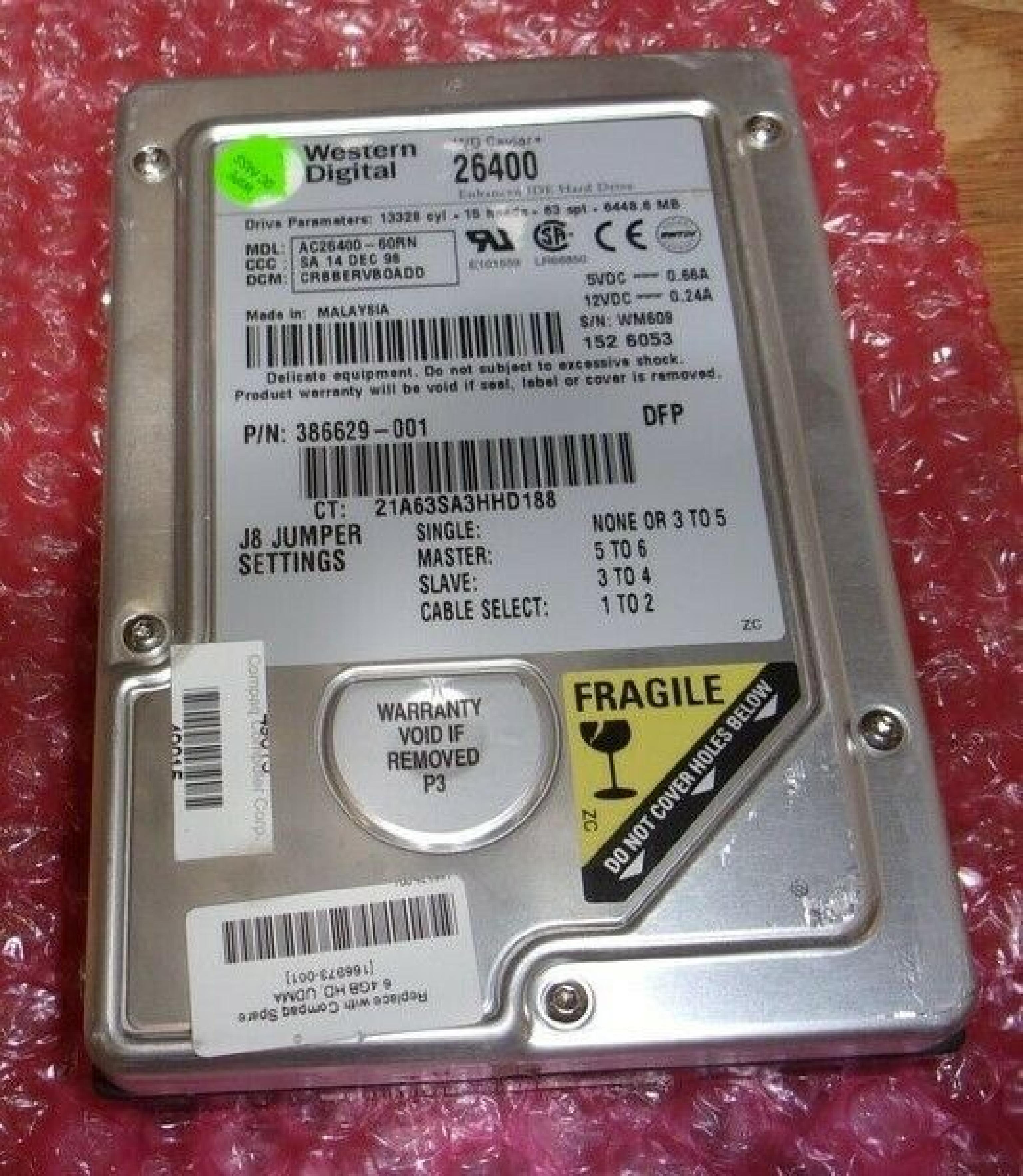 WESTERN DIGITAL / WD AC26400-60RN 3.5 INCH HARD DRIVE CCC:SA 16 OCT 98 DCM:CRCBERPBOADD