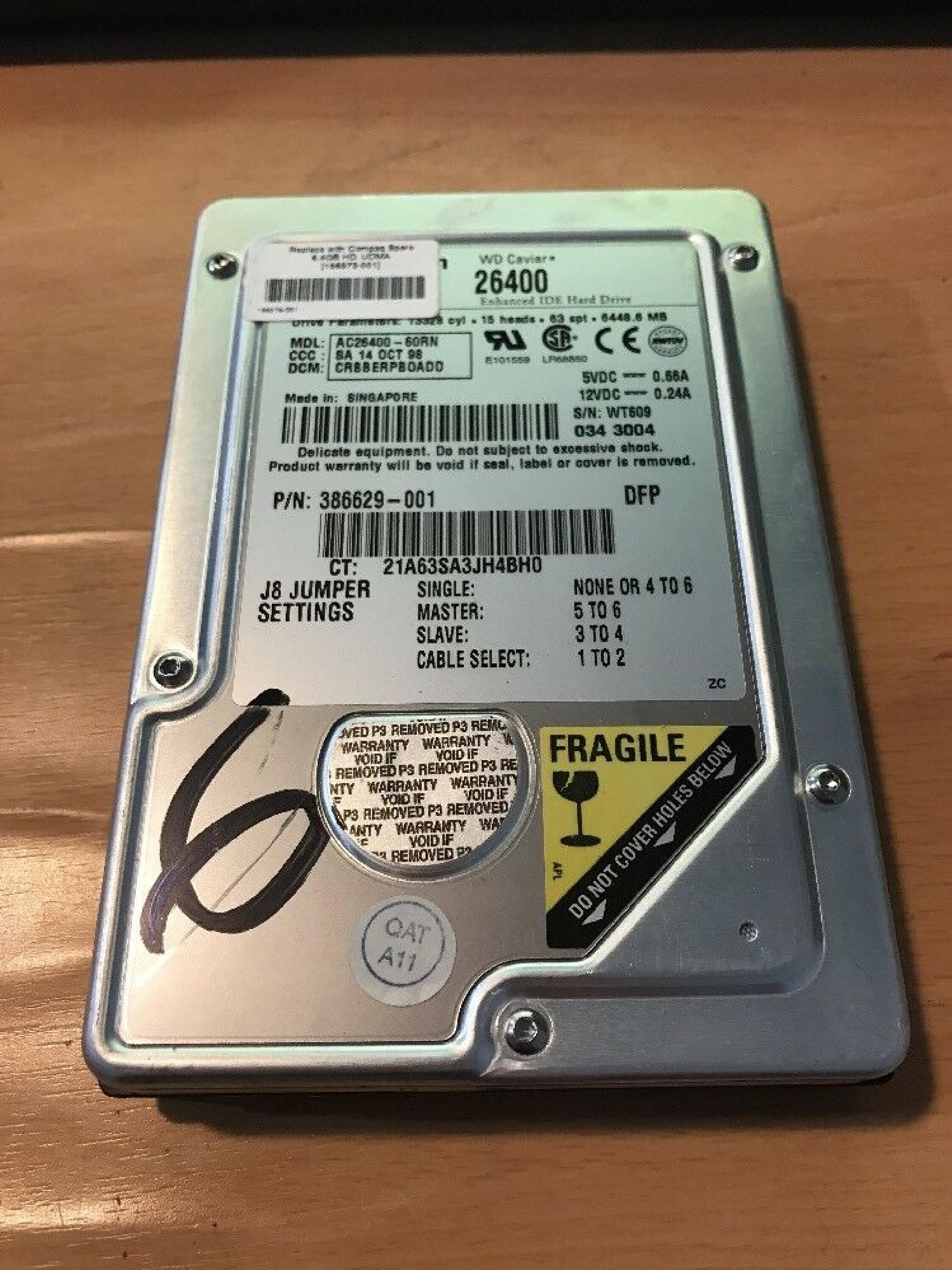 WESTERN DIGITAL / WD AC26400-60RN 3.5 INCH HARD DRIVE CCC:SA 16 OCT 98 DCM:CRCBERPBOADD