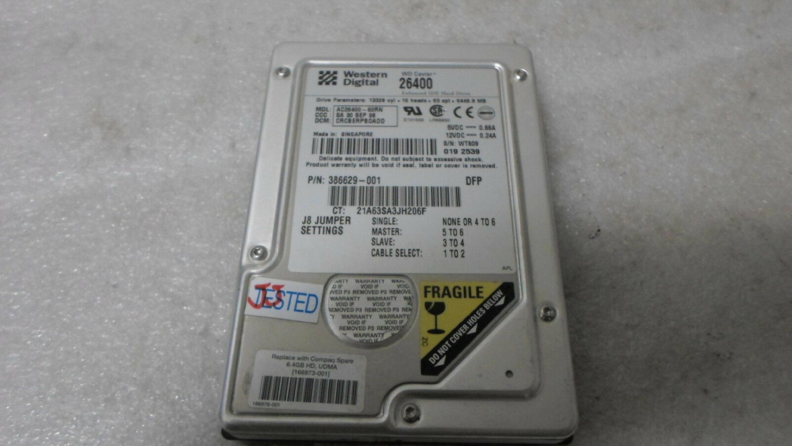 WESTERN DIGITAL / WD AC26400-60RN 3.5 INCH HARD DRIVE CCC:SA 16 OCT 98 DCM:CRCBERPBOADD