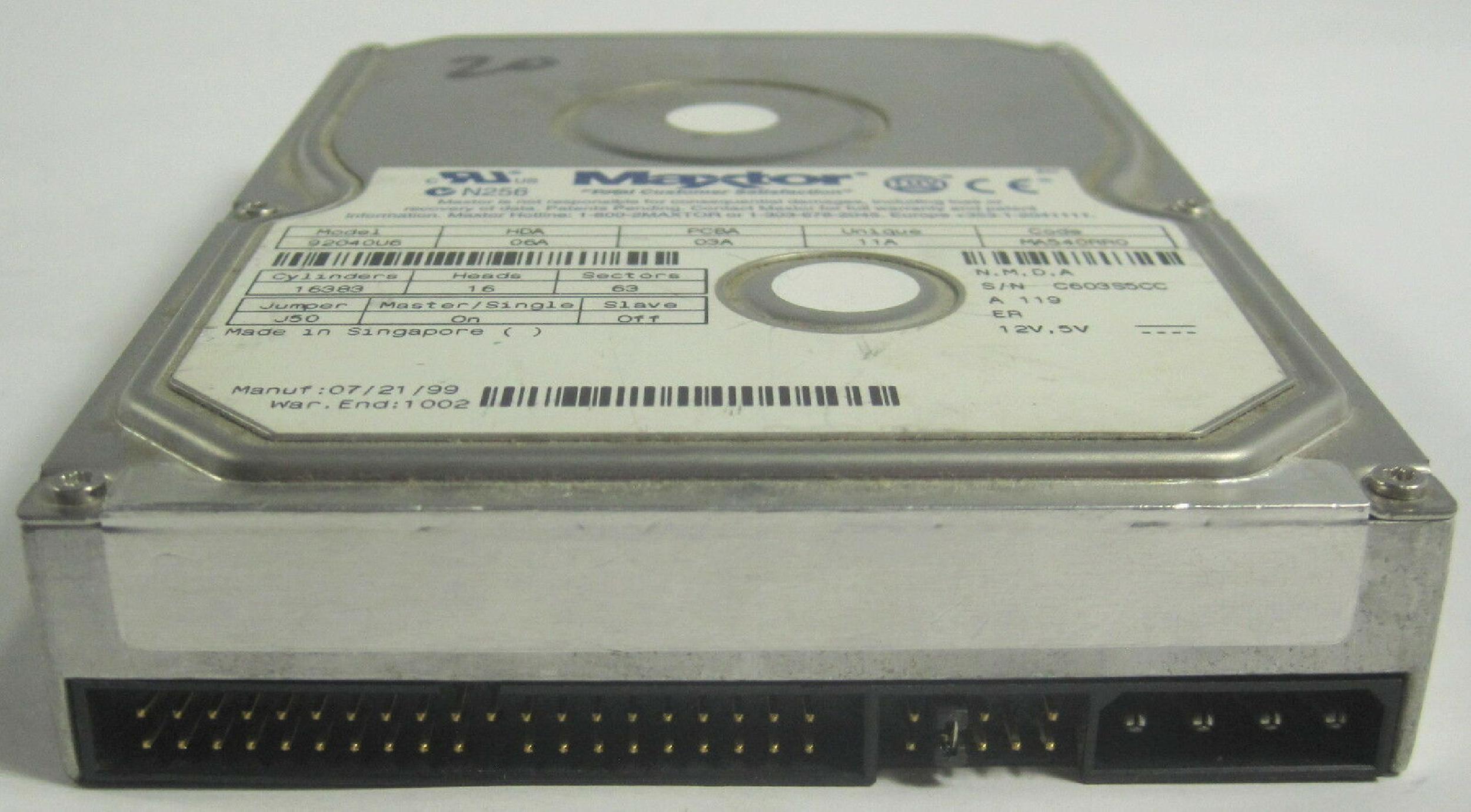 MAXTOR 92040U6 3.5 INCH HARD DRIVE HAD:06A PCBA:03A UNIQUE:11A CODE:MA540RR0 DATE:090499 N,M,B,A