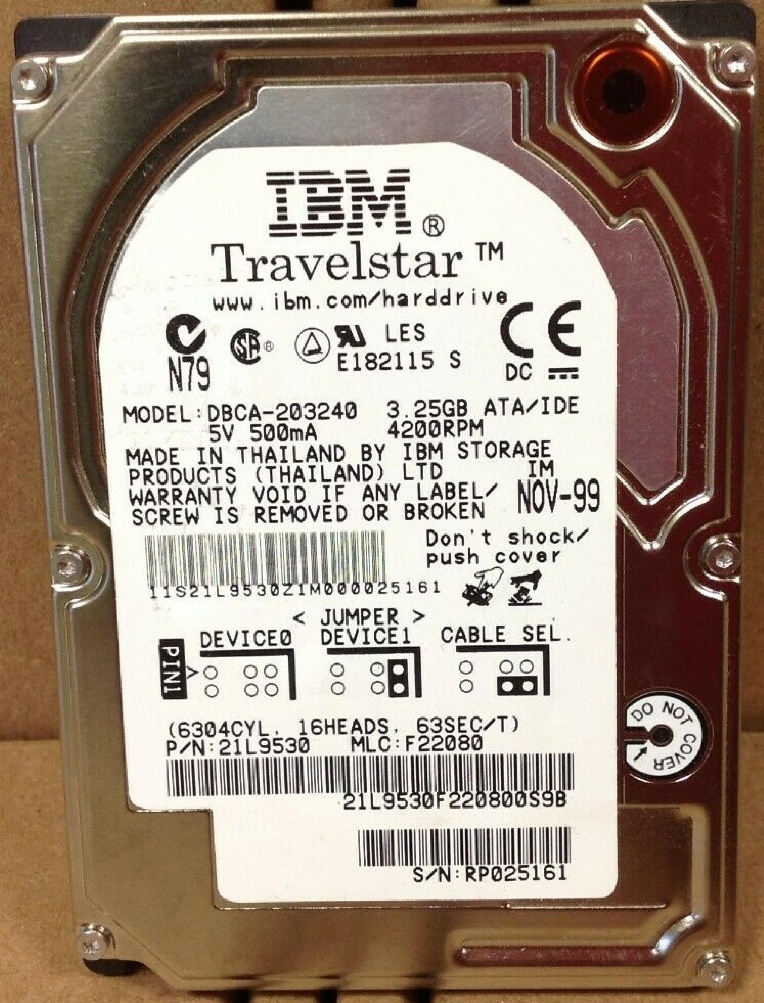 IBM DBCA-203240 TRAVELSTAR 3.25GB MLC:F22080 APR-00 2.5INCH HARD DRIVE