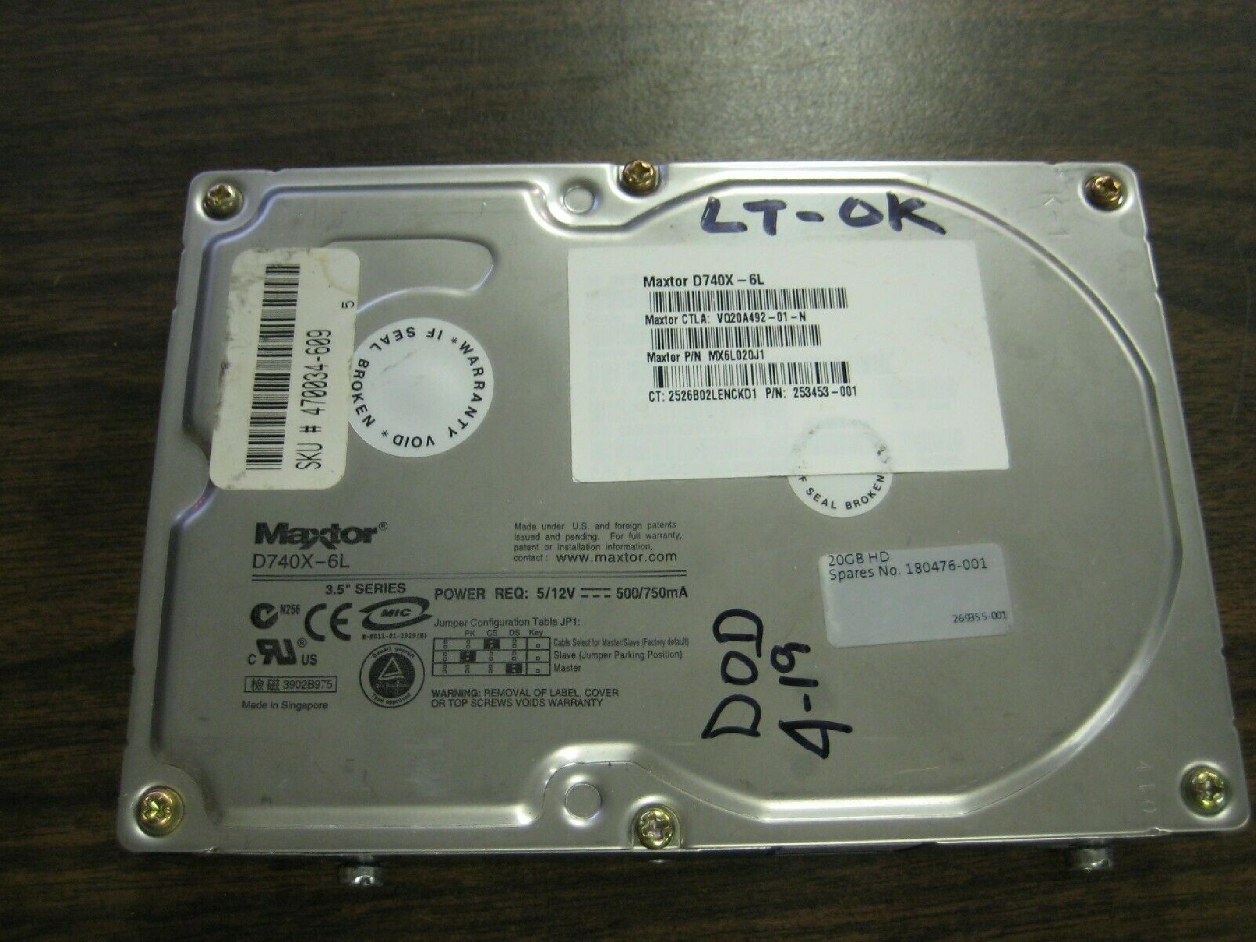 MAXTOR MX6L020J1 20GB 3.5 INCH HARD DRIVE REV:A00 IDE VQ20A492-01-N VQ20A011-01-B REV A00 REV: GTLA: TESTED ONCE AND AGAIN BEFORE SHIPPED