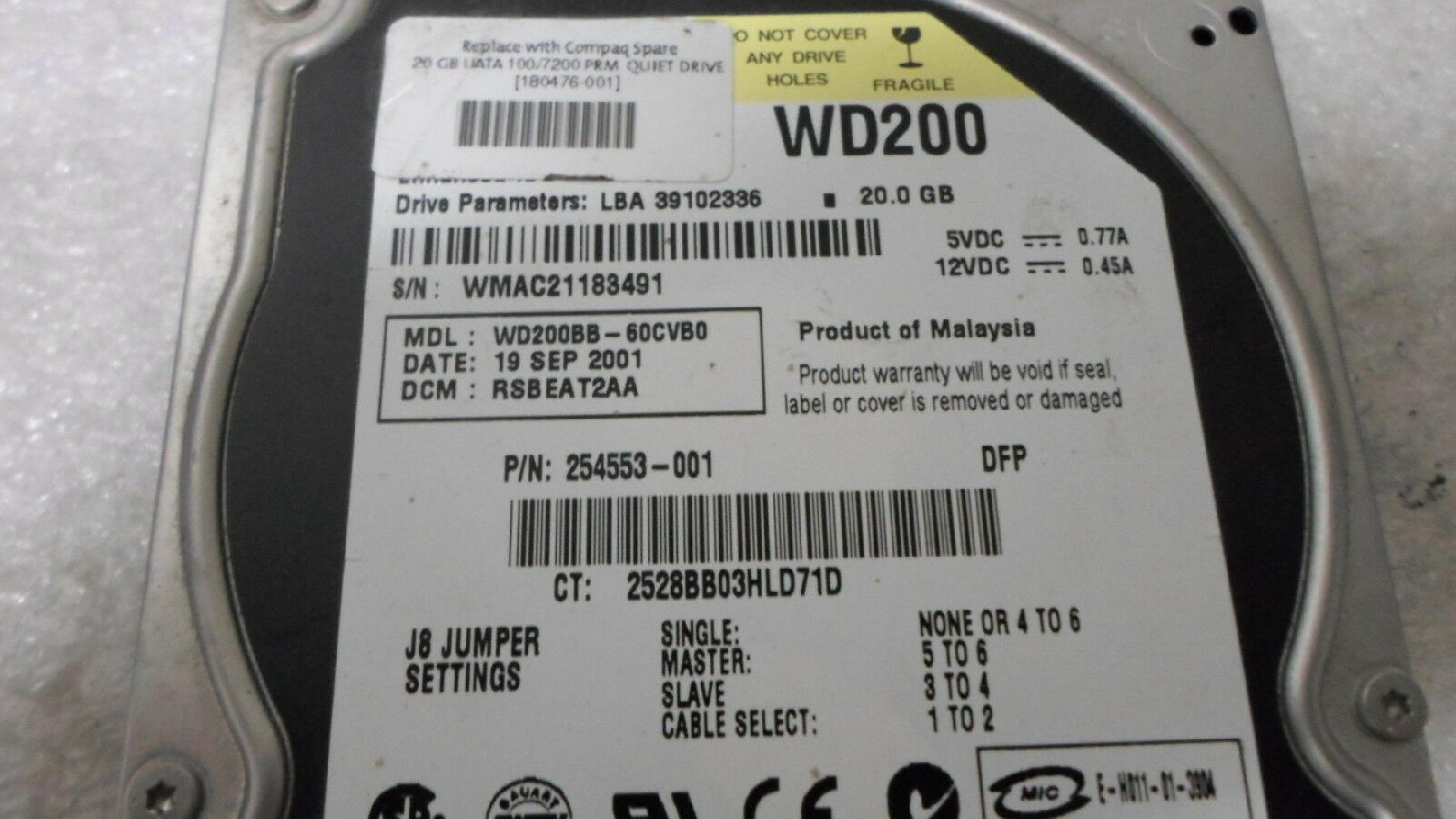 WESTERN DIGITAL / WD WD200BB-60CVB0 20GB 3.5 INCH HARD DRIVE