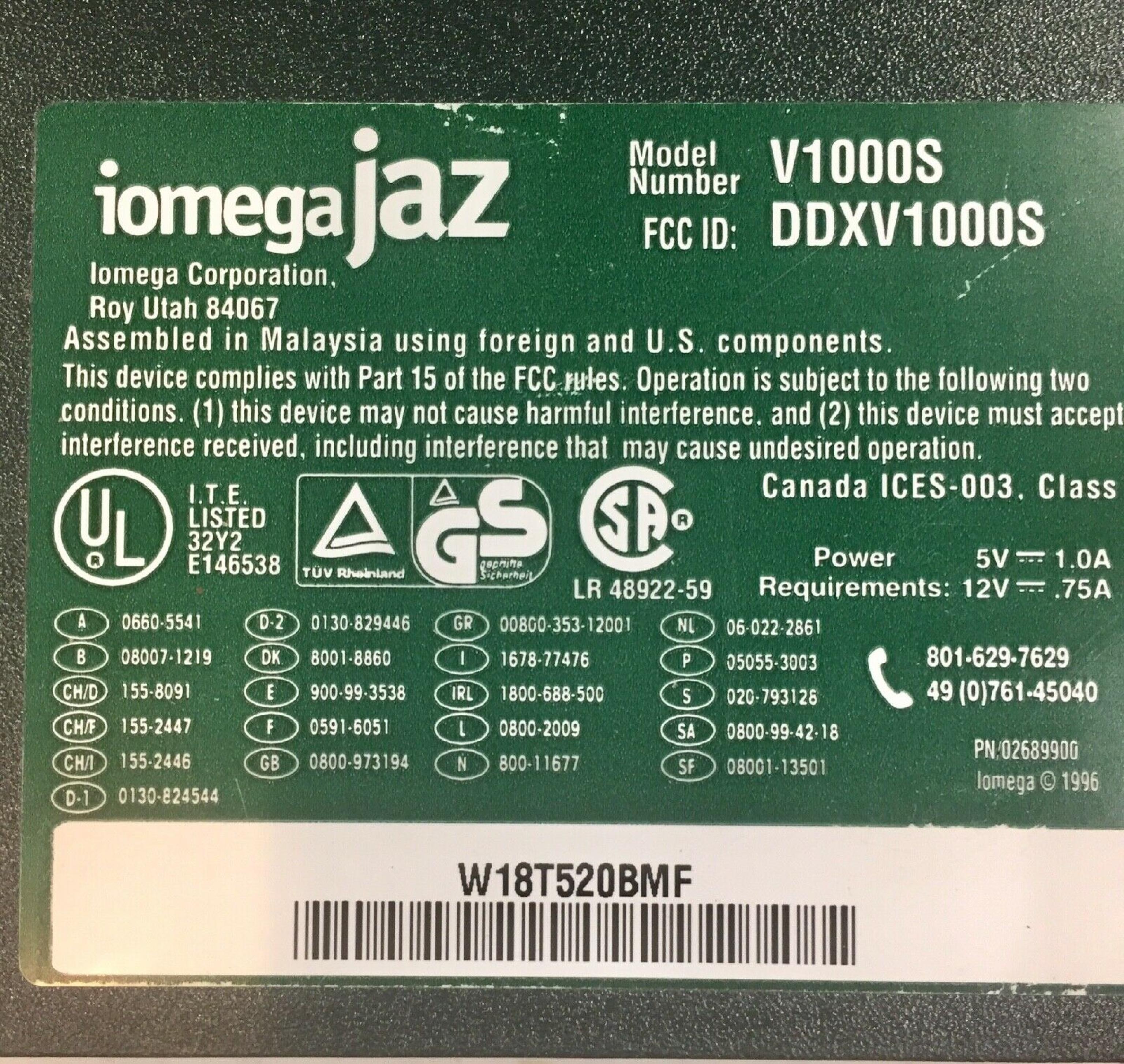 IOMEGA V1000S NO POWER SUPPLY, JAZ 1GB EXTERNAL SCSI 50HD DRIVE