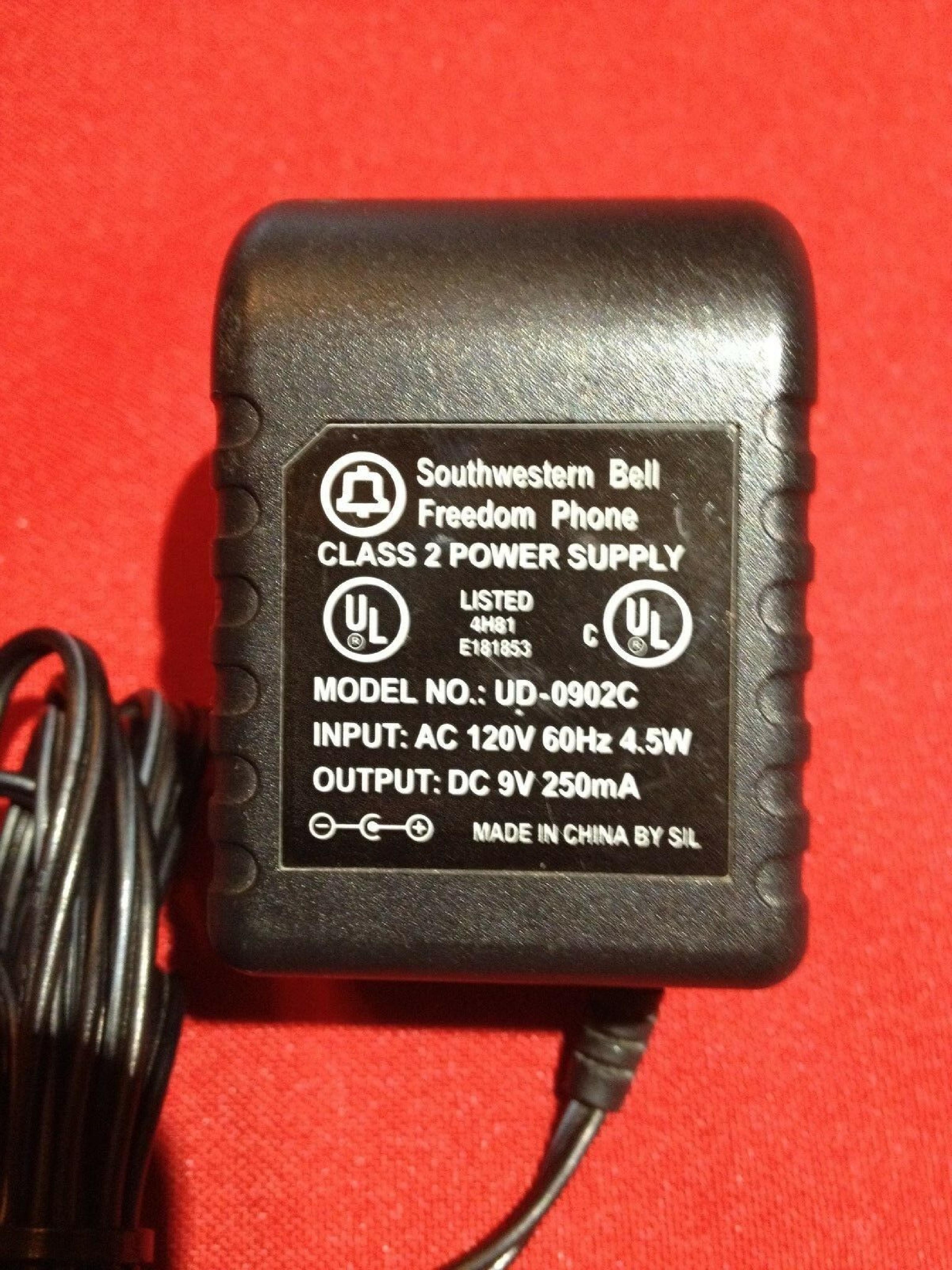 SOUTHWESTERN BELL / SBC UD-0902C AC ADAPTER 9V 250MA, 6FT CABLE, BARREL CONNECTOR, NEGATIVE OUTSIDE POLE, ID:2.1MM OD:5.5MM