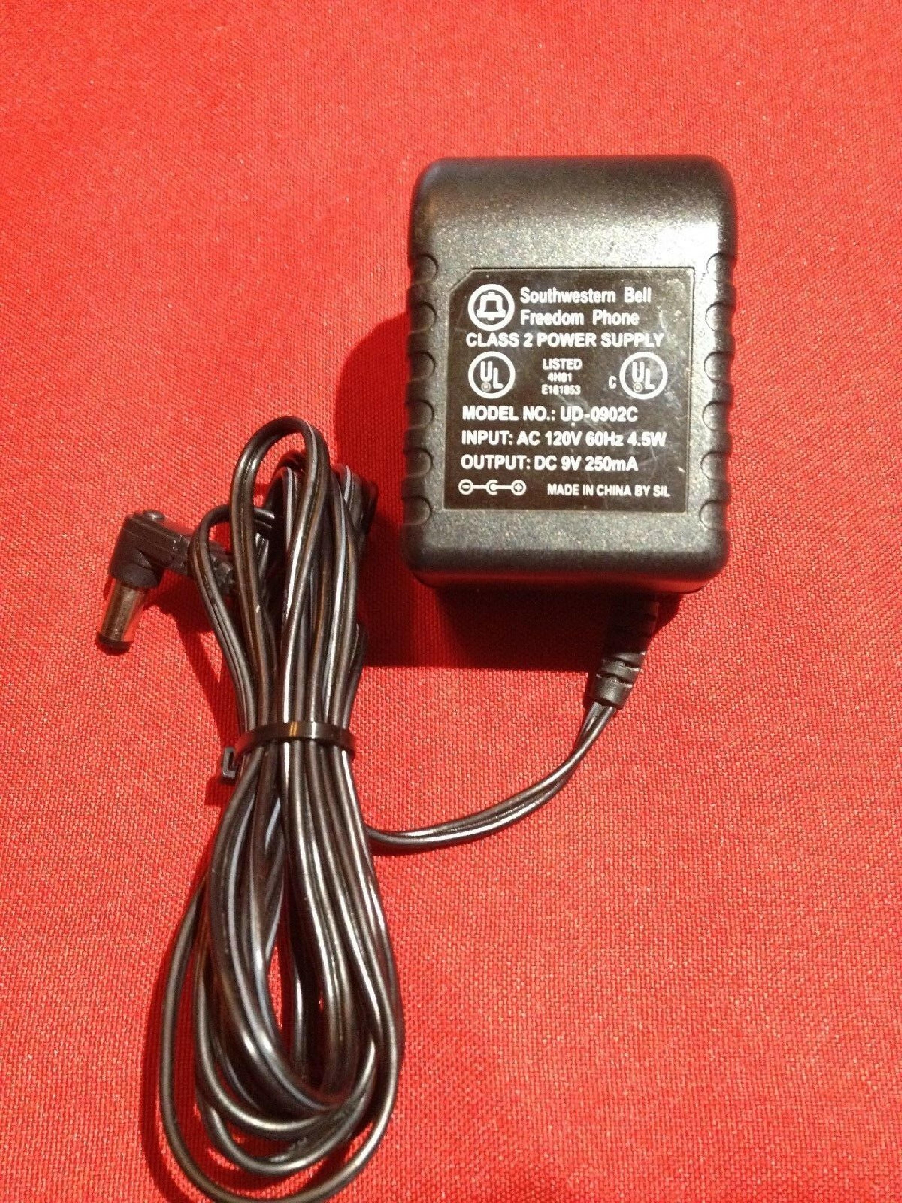 SOUTHWESTERN BELL / SBC UD-0902C AC ADAPTER 9V 250MA, 6FT CABLE, BARREL CONNECTOR, NEGATIVE OUTSIDE POLE, ID:2.1MM OD:5.5MM