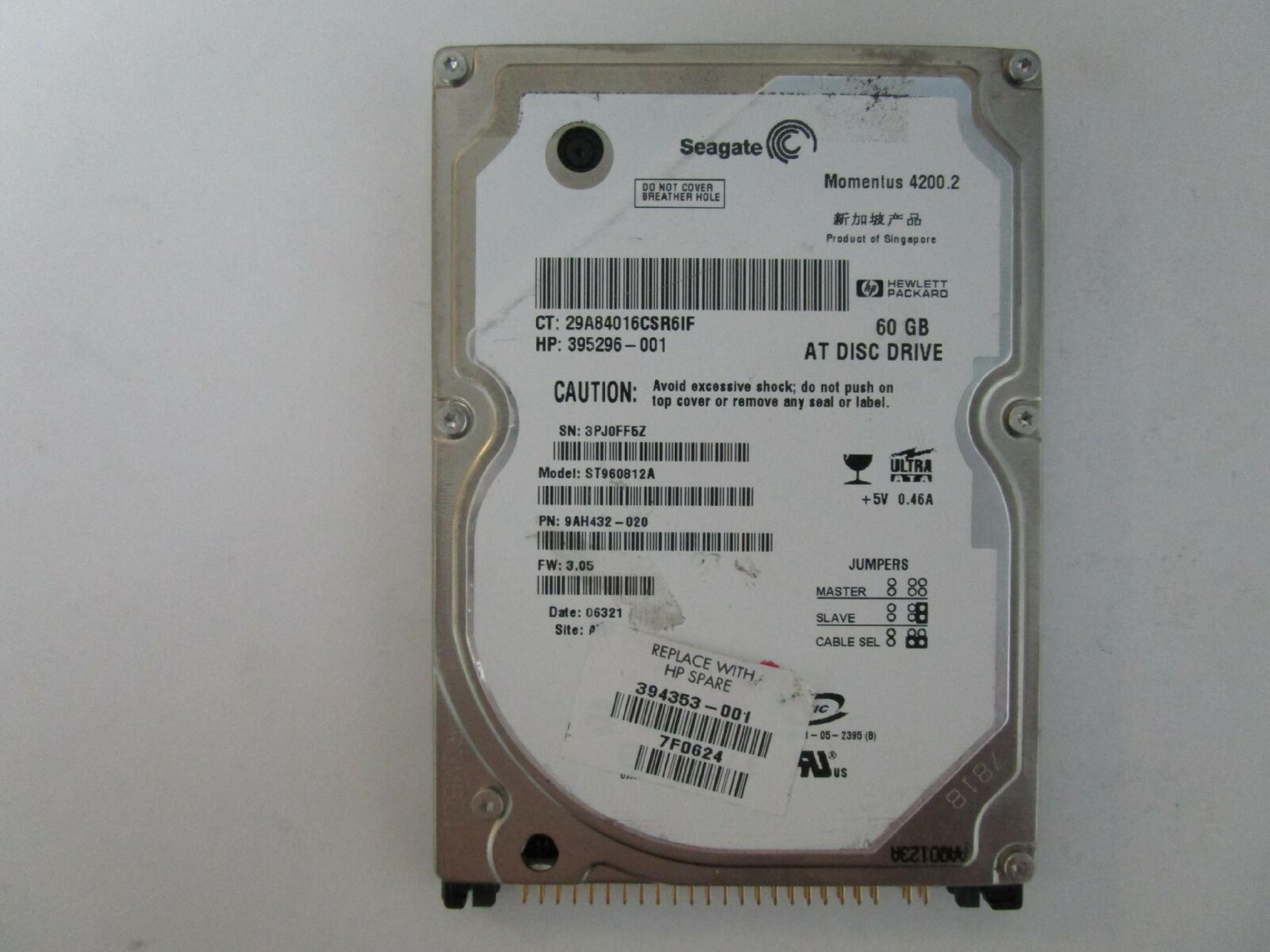 COMPAQ / HEWLETT PACKARD / HP ST960812A 60GB 2.5 INCH PATA DRIVE FW: 3.05 SITE WU DATE 07026 MOMENTUS 4200.2