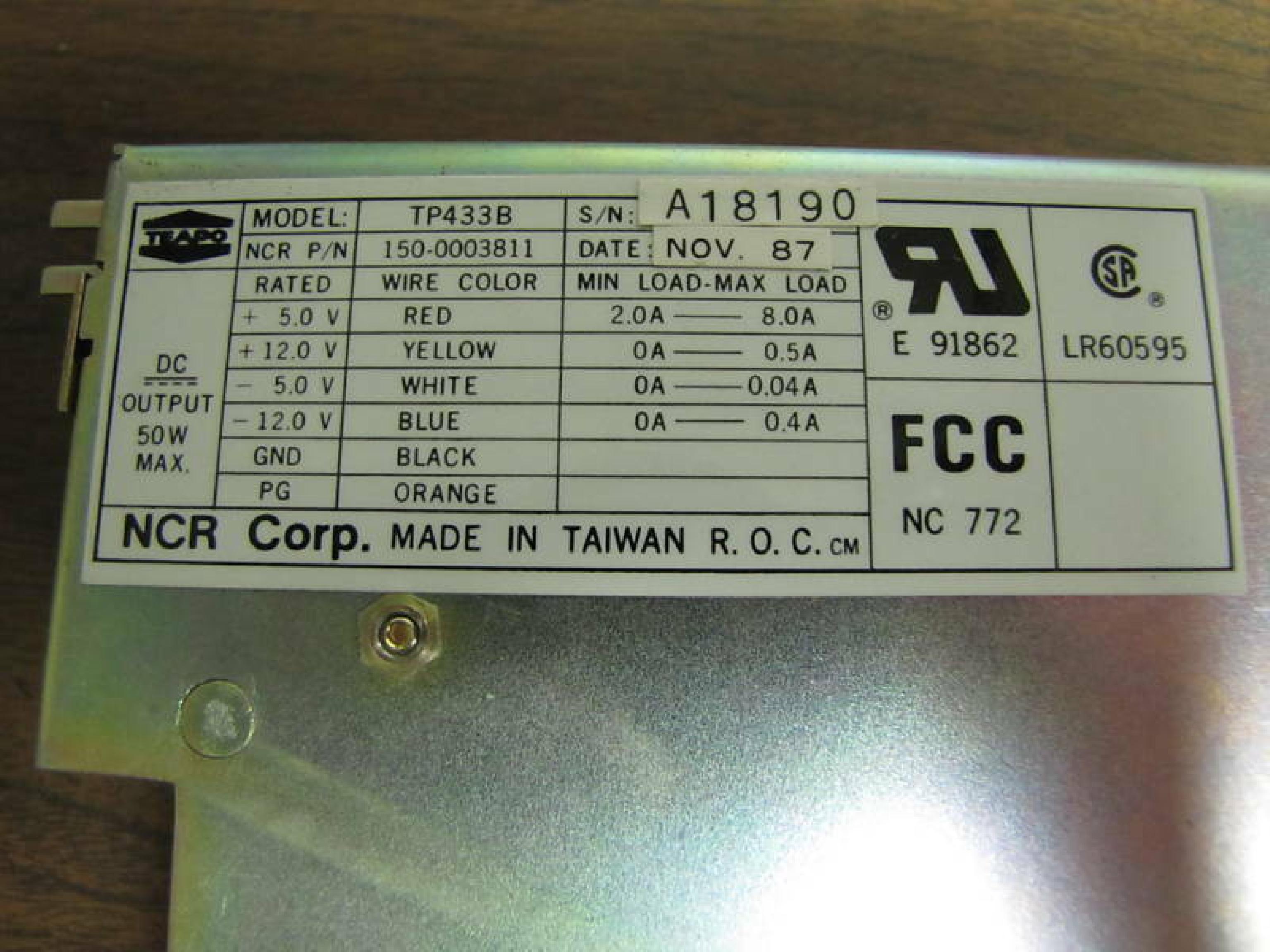 NCR 150-0003811 POWER SUPPLY PULLED FROM 1204