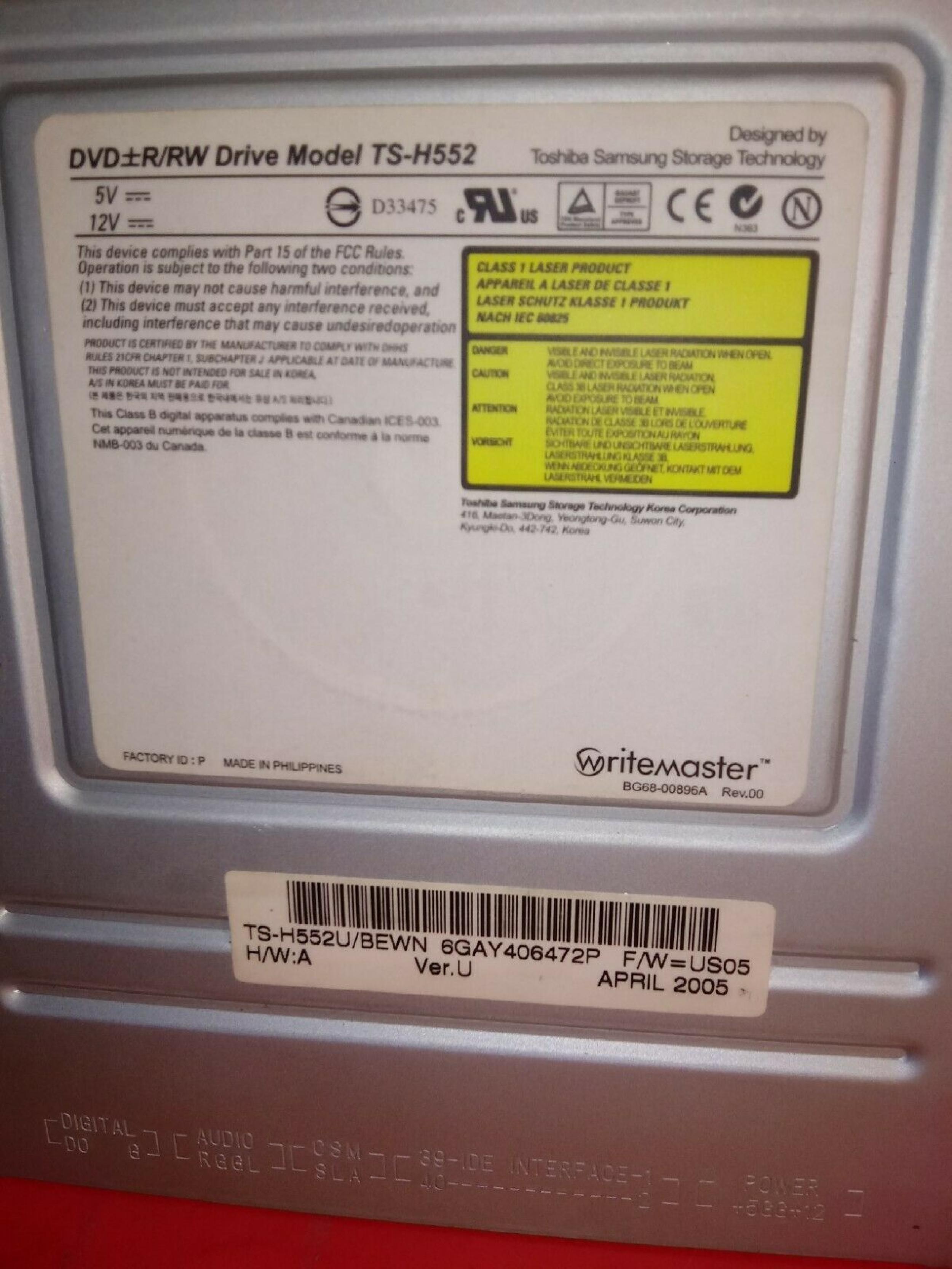 SAMSUNG TS-H552 DVD+R/+RW DRIVE WITH BLACK BEZEL