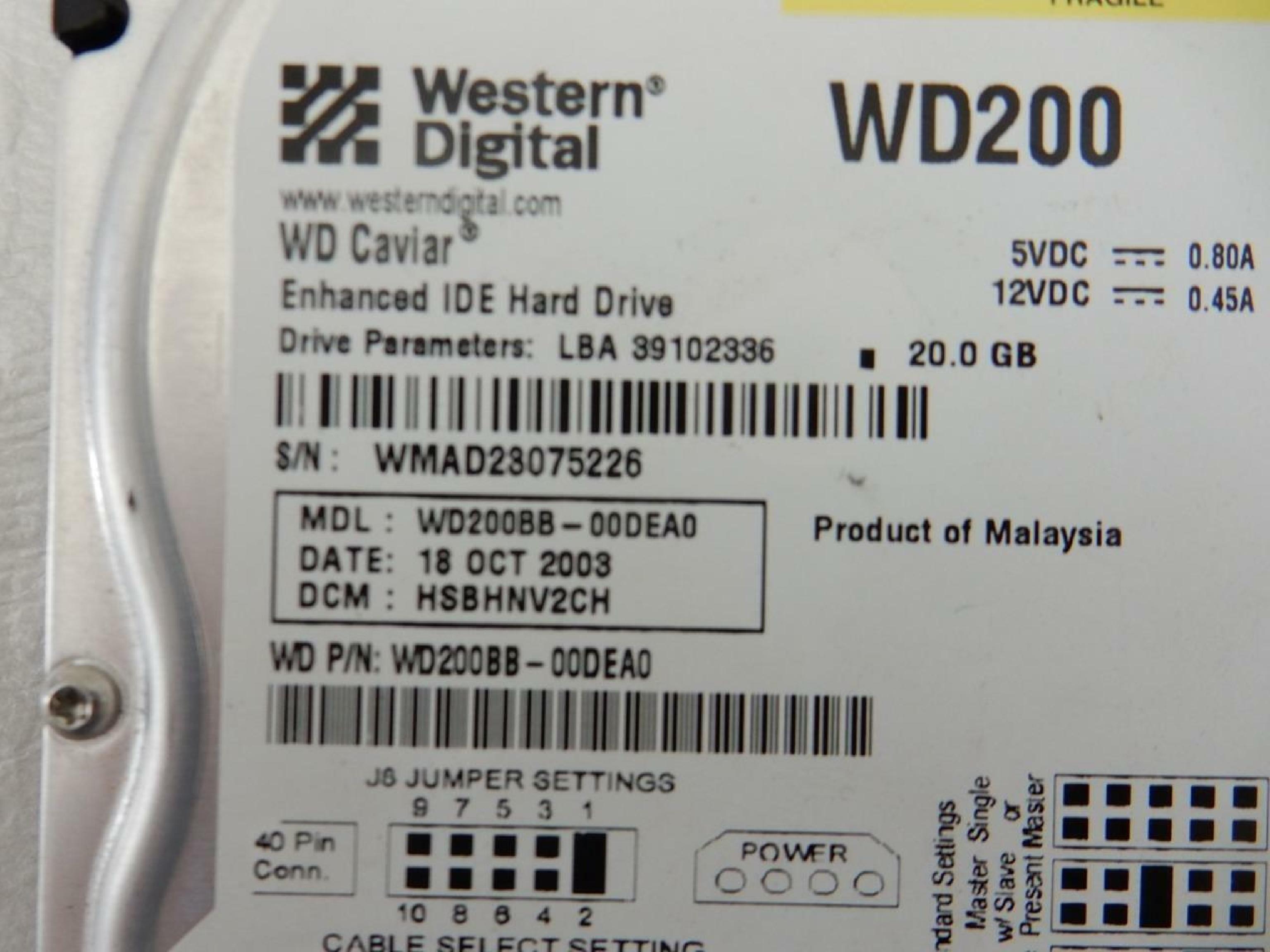 WESTERN DIGITAL / WD WD200BB 20GB 3.5 INCH HARD DRIVE