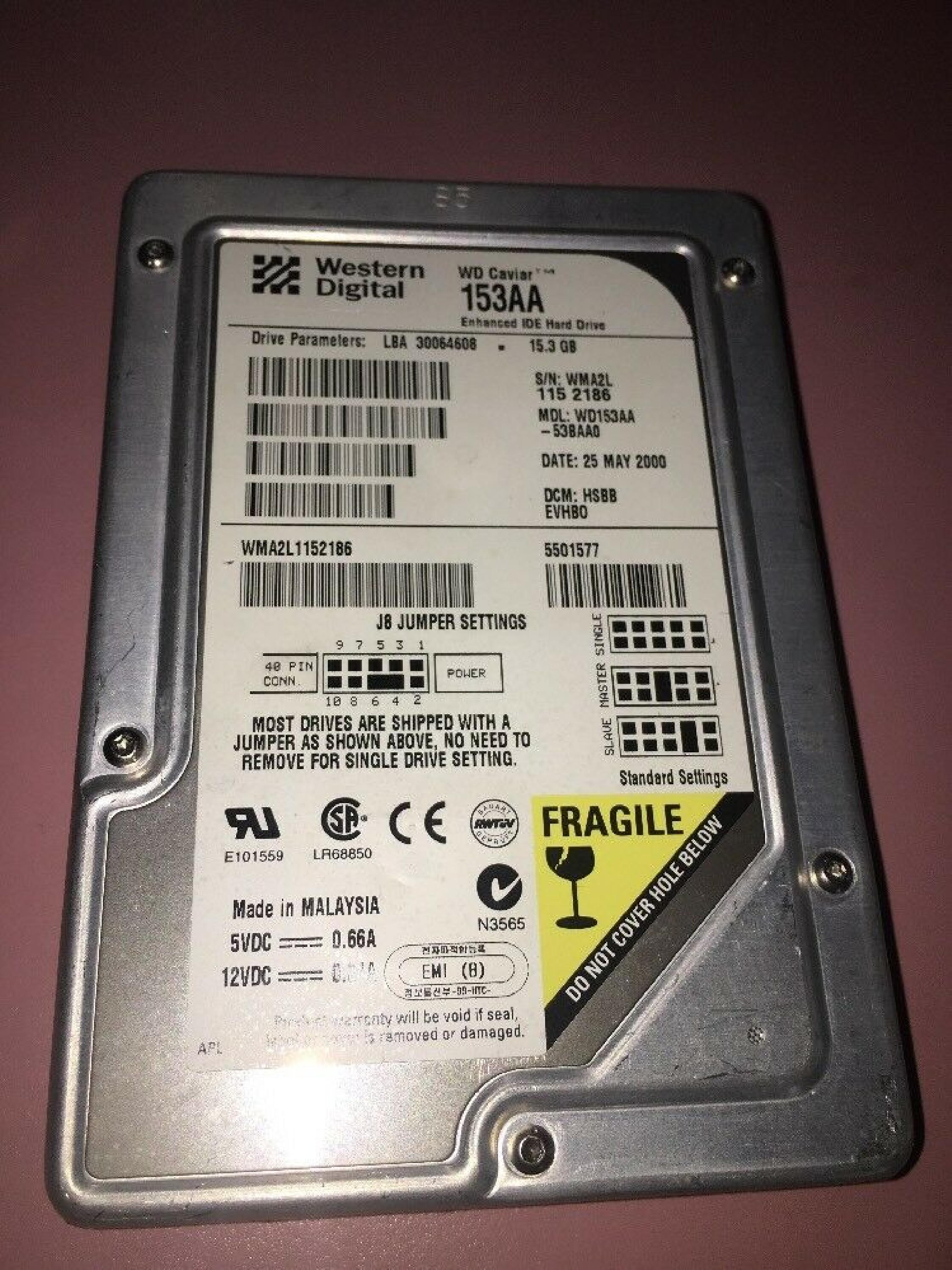 WESTERN DIGITAL / WD 153AA 15GB 3.5INCH IDE HARD DRIVE 15.3GB LBA 30064608 DATE 02 APR 2000 DCM RSAA EHHA0 RSAAEHHA0