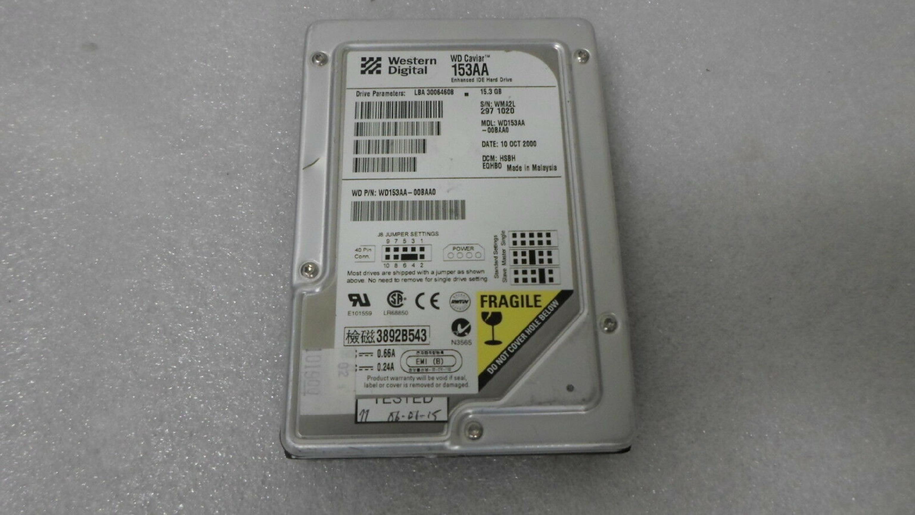 WESTERN DIGITAL / WD 153AA 15GB 3.5INCH IDE HARD DRIVE 15.3GB LBA 30064608 DATE 02 APR 2000 DCM RSAA EHHA0 RSAAEHHA0