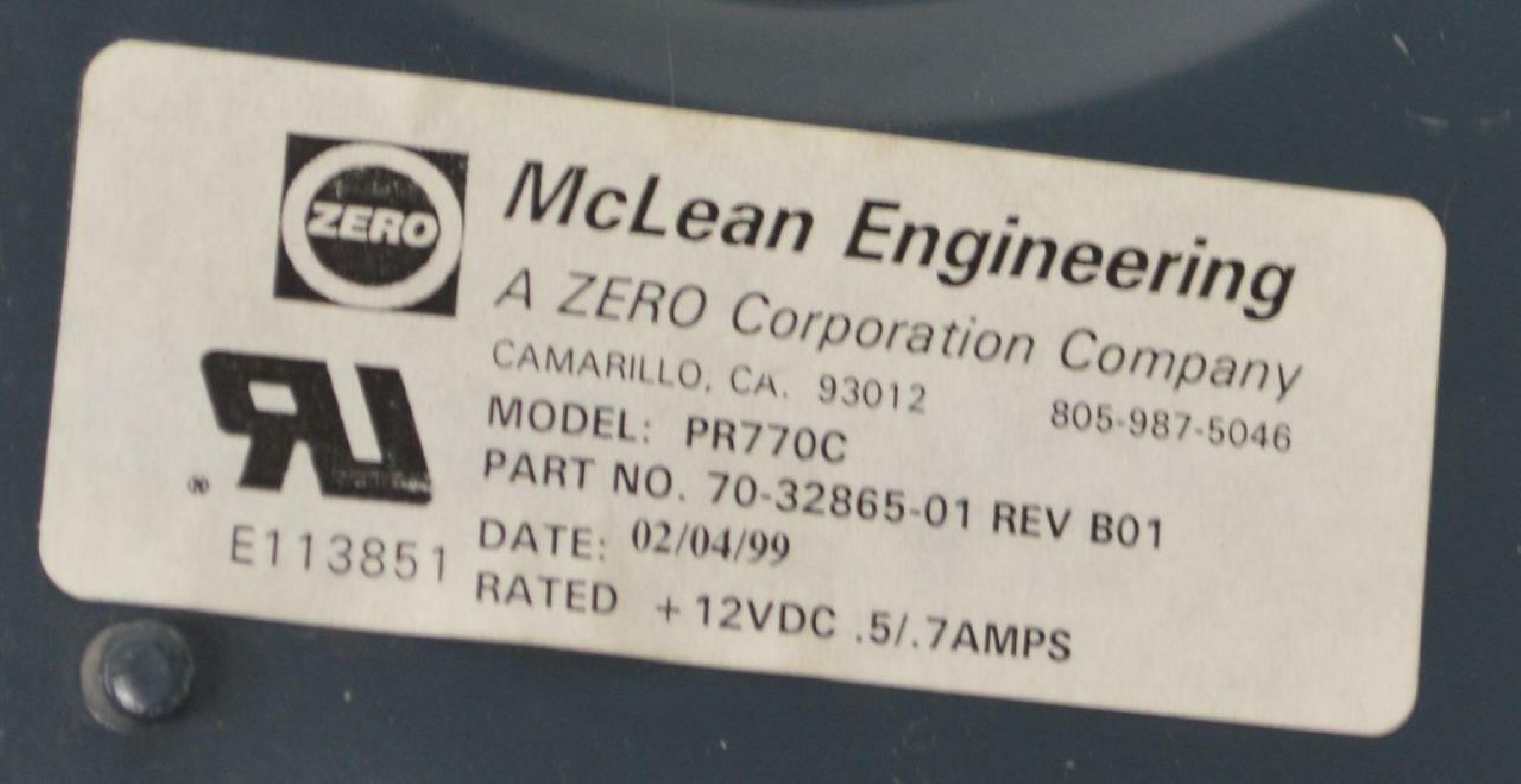 MCLEAN ENGINEERING PR770C BLOWER FAN 12VDC .5/.7AMPS