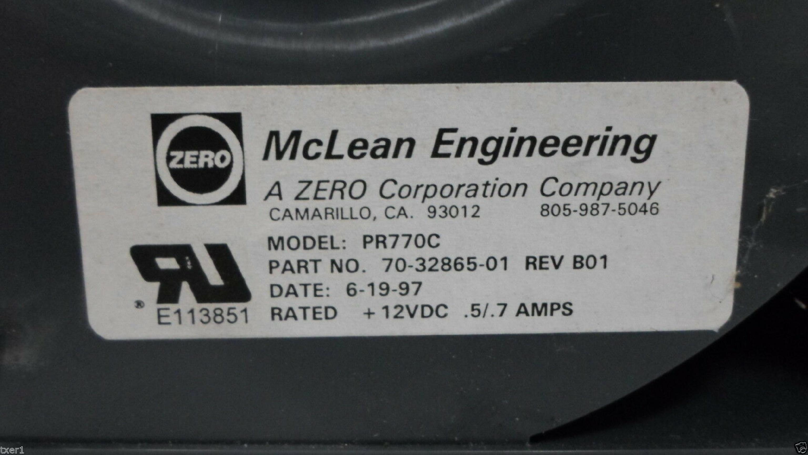 MCLEAN ENGINEERING PR770C BLOWER FAN 12VDC .5/.7AMPS