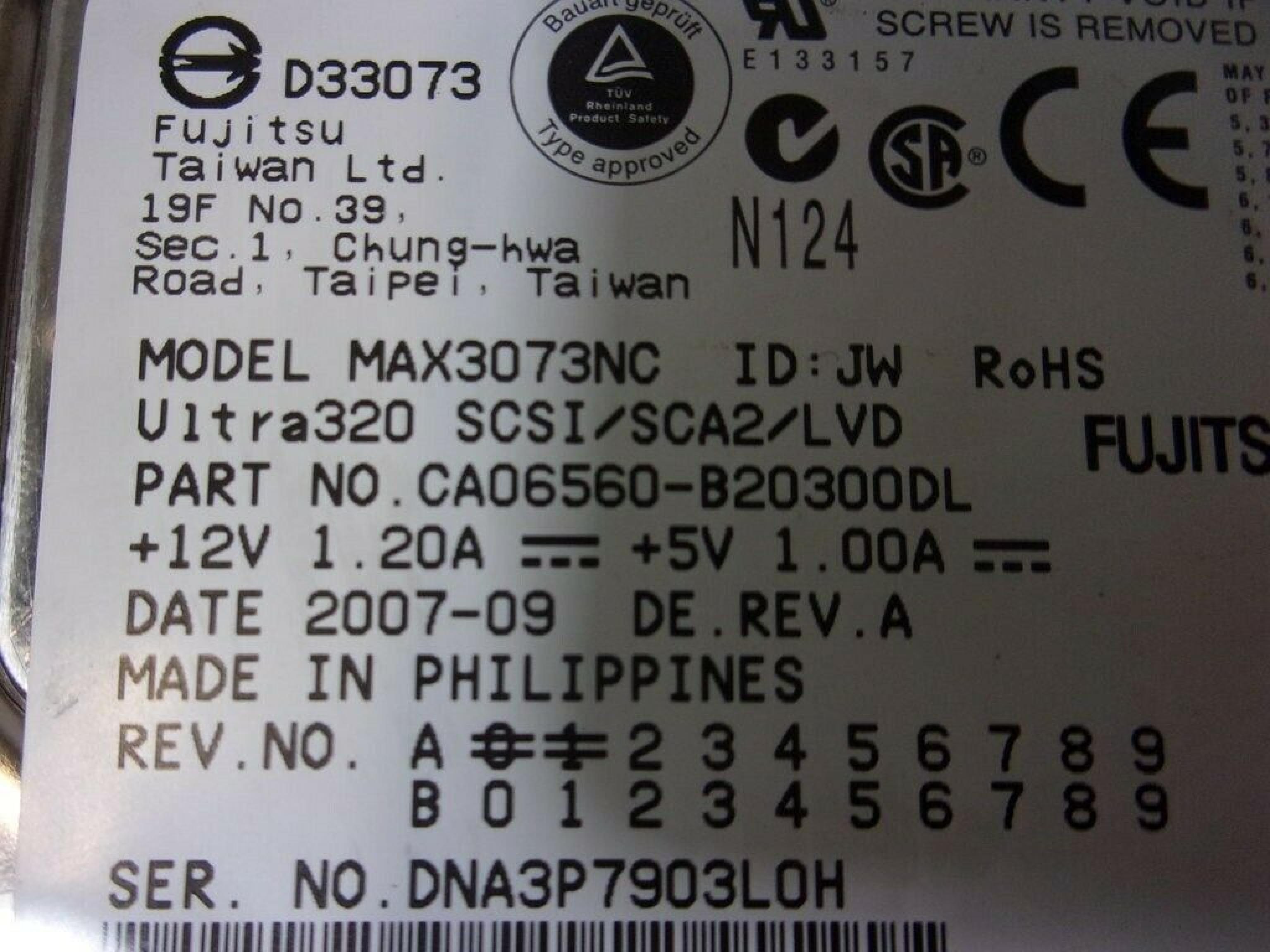 FUJITSU CA06560-B20300DL 73GB LVD 15K RPM 3.5 INCH HARD DRIVE 3.5IN WIDE ULTRA320 SCSI LVD/SE FIRMWARE: 5D03 DRV.REV. A1-20 REV NO A3 DATE: 2010-07 DRV. REV. A00 2005-11 A1-21 2007-05