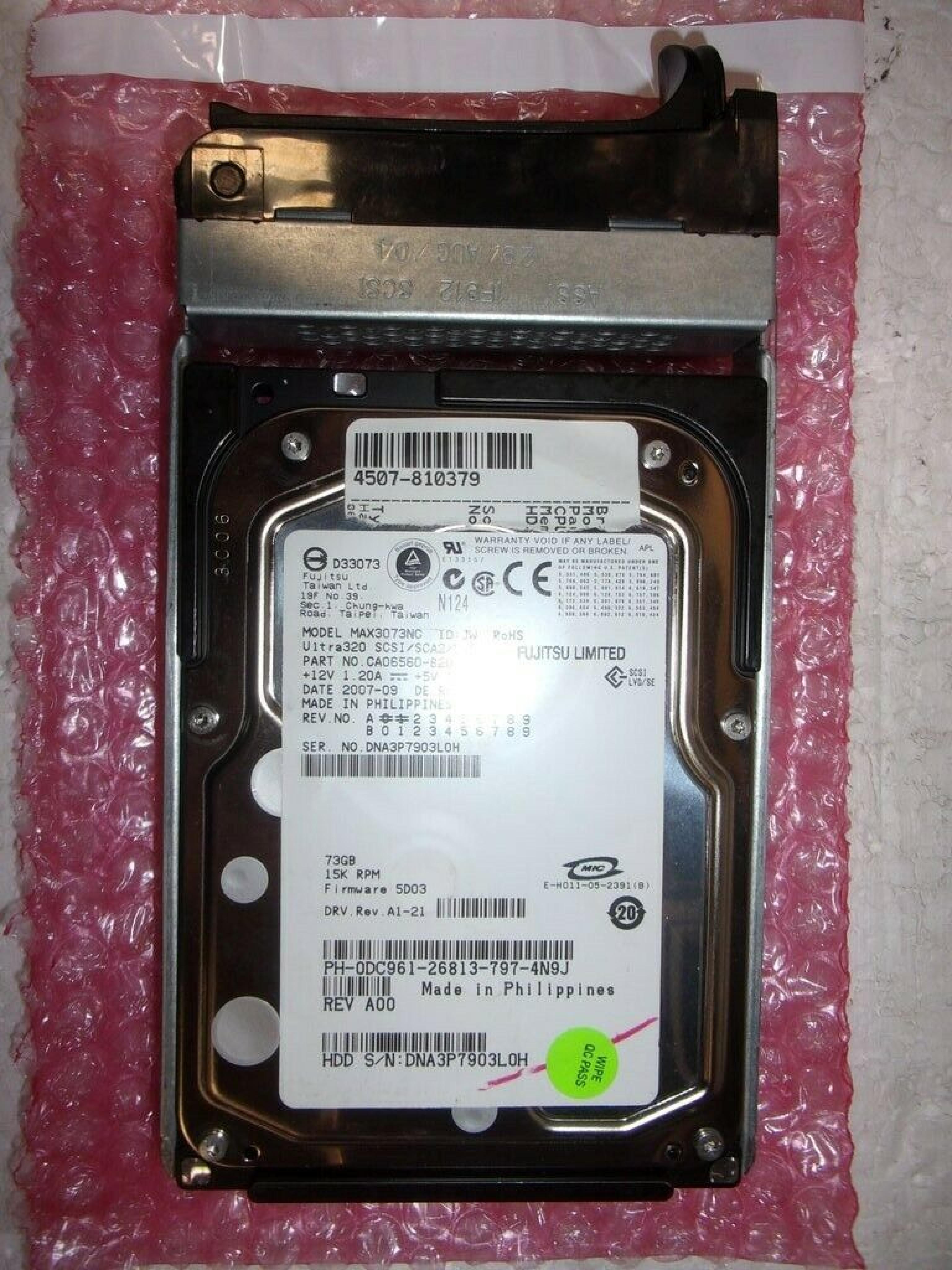 FUJITSU CA06560-B20300DL 73GB LVD 15K RPM 3.5 INCH HARD DRIVE 3.5IN WIDE ULTRA320 SCSI LVD/SE FIRMWARE: 5D03 DRV.REV. A1-20 REV NO A3 DATE: 2010-07 DRV. REV. A00 2005-11 A1-21 2007-05