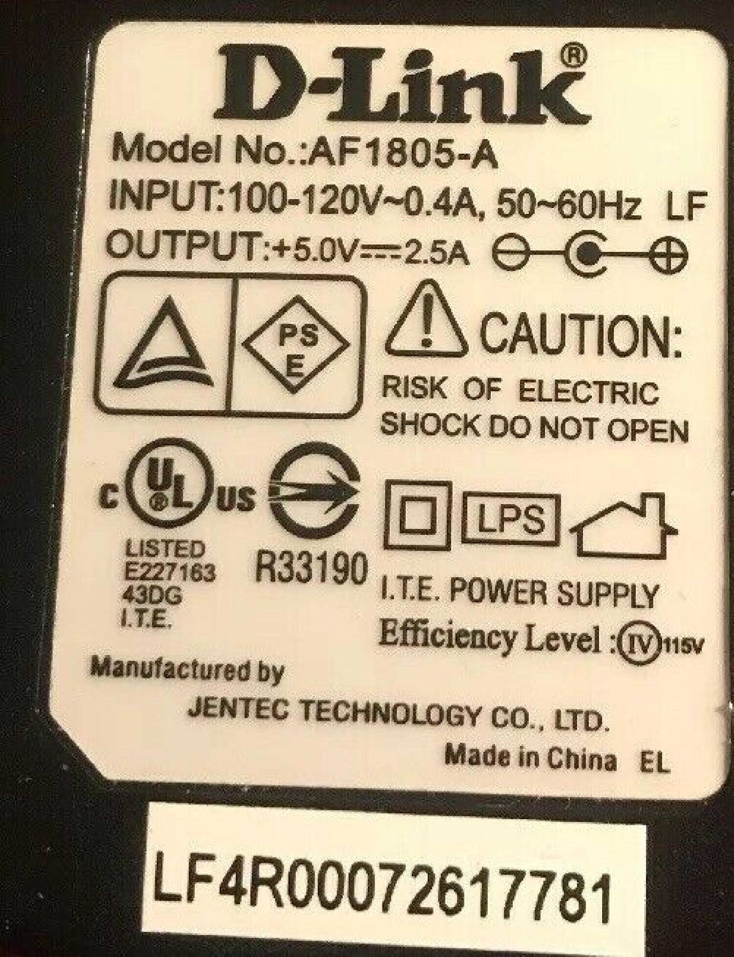 D-LINK SYSTEMS AF1805-A 5VDC 2.5A OD:5.5MM ID:2.2MM POSITIVE CENTER POLE