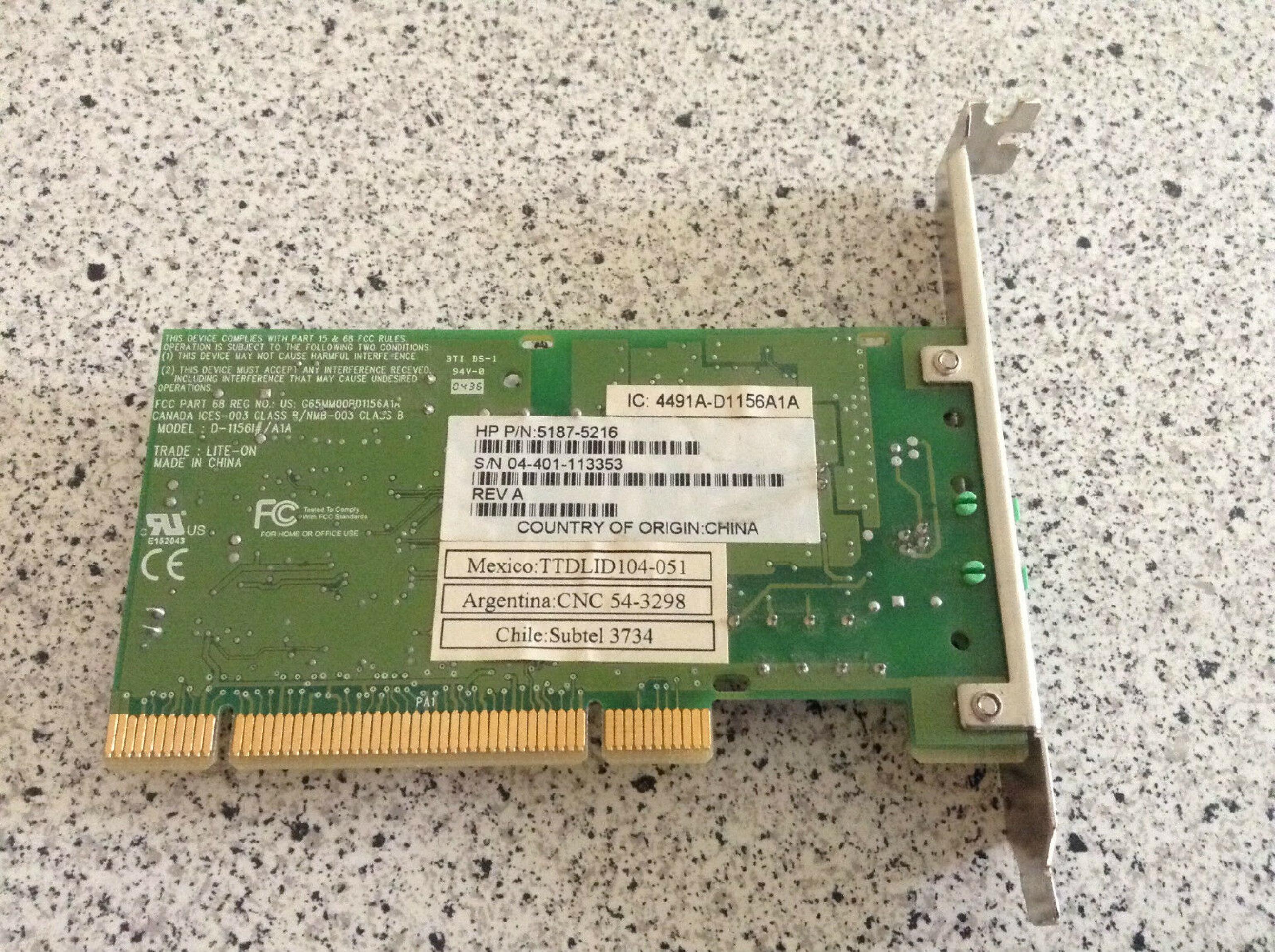 HEWLETT PACKARD / HP / LITEON / AGERE 5187-5216 PCI 56K MODEM INTERNAL CARD