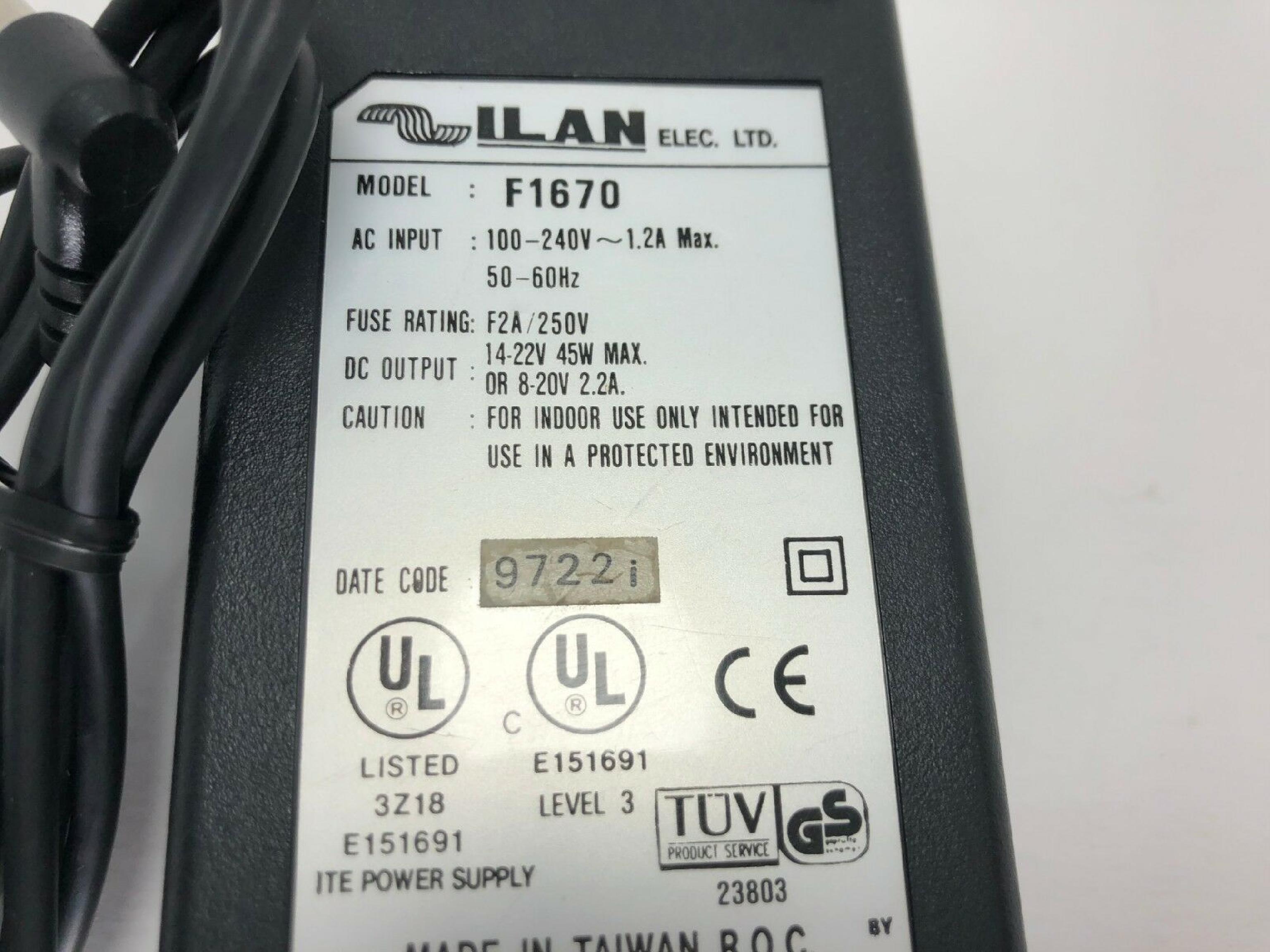 ILAN ELEC. LTD. F1670 AC ADAPTER 20V 2.2A ID:2.75MM OD:5.5MM PULLED FROM CTX EZBOOK 700E