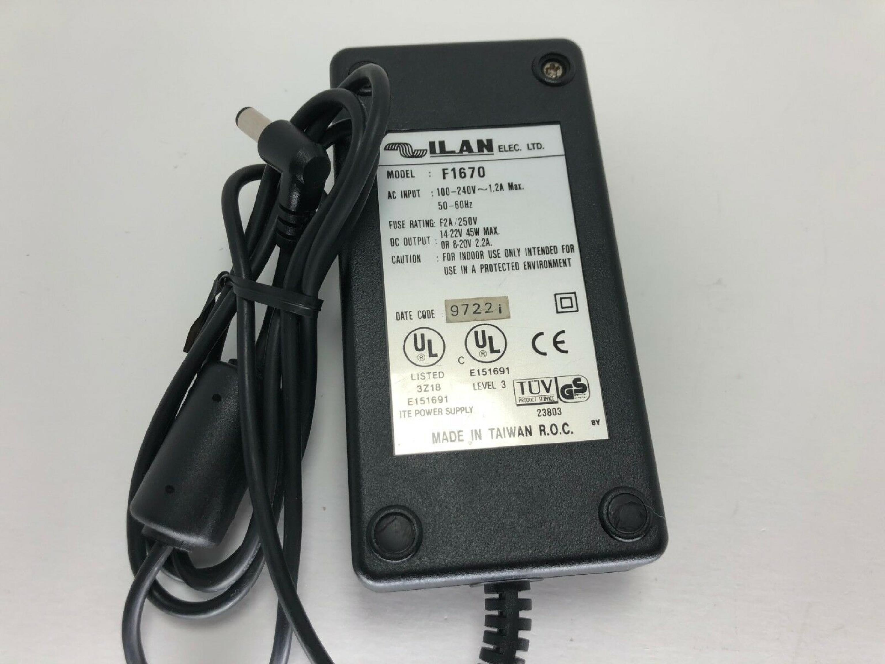 ILAN ELEC. LTD. F1670 AC ADAPTER 20V 2.2A ID:2.75MM OD:5.5MM PULLED FROM CTX EZBOOK 700E